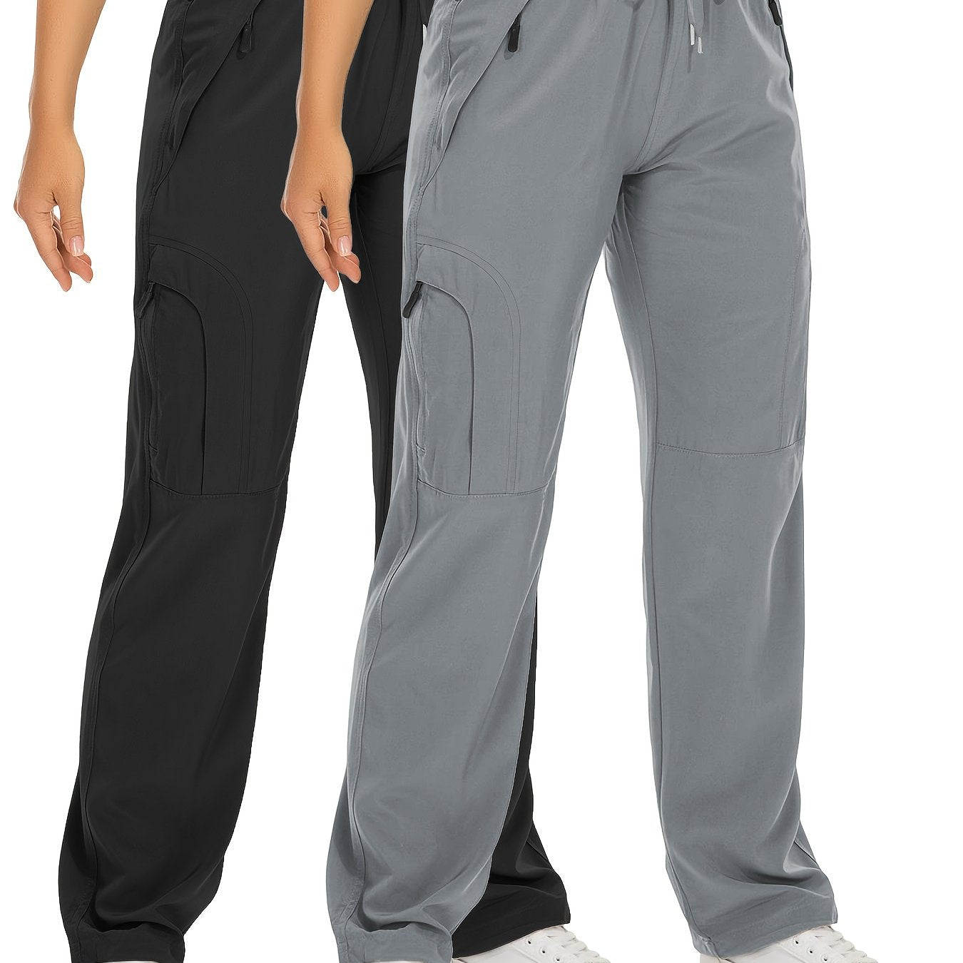Lot de 2 Pantalons Cargo Femme – Poches Zippées, Tissu Respirant et Séchant Rapidement, Extensible, Automne, Noir et Blanc