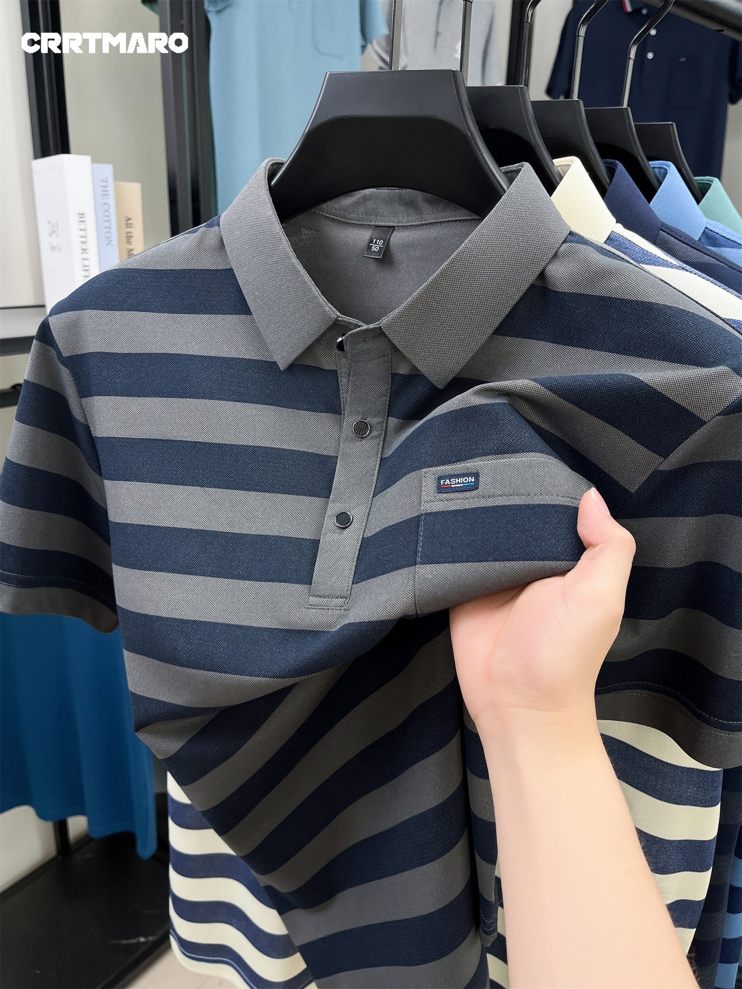 Men'S CRRTMARO Summer Striped Short Sleeve Polo Shirt with Chest Pockets - Casual, Button-Up, Regular Fit, Slight Stretch Fabric, Ideal for Hot Weather, Casual Summer Wear|Striped Pattern|Polyester Fabric