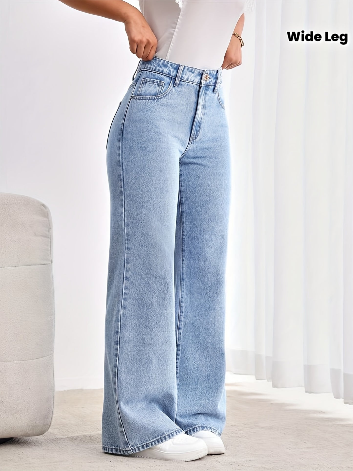 Jeans Femme Taille Haute Extensible Jambe Large Bleu Clair Coupe Ample Décontracté Toute Saison Confortable Effet Usé