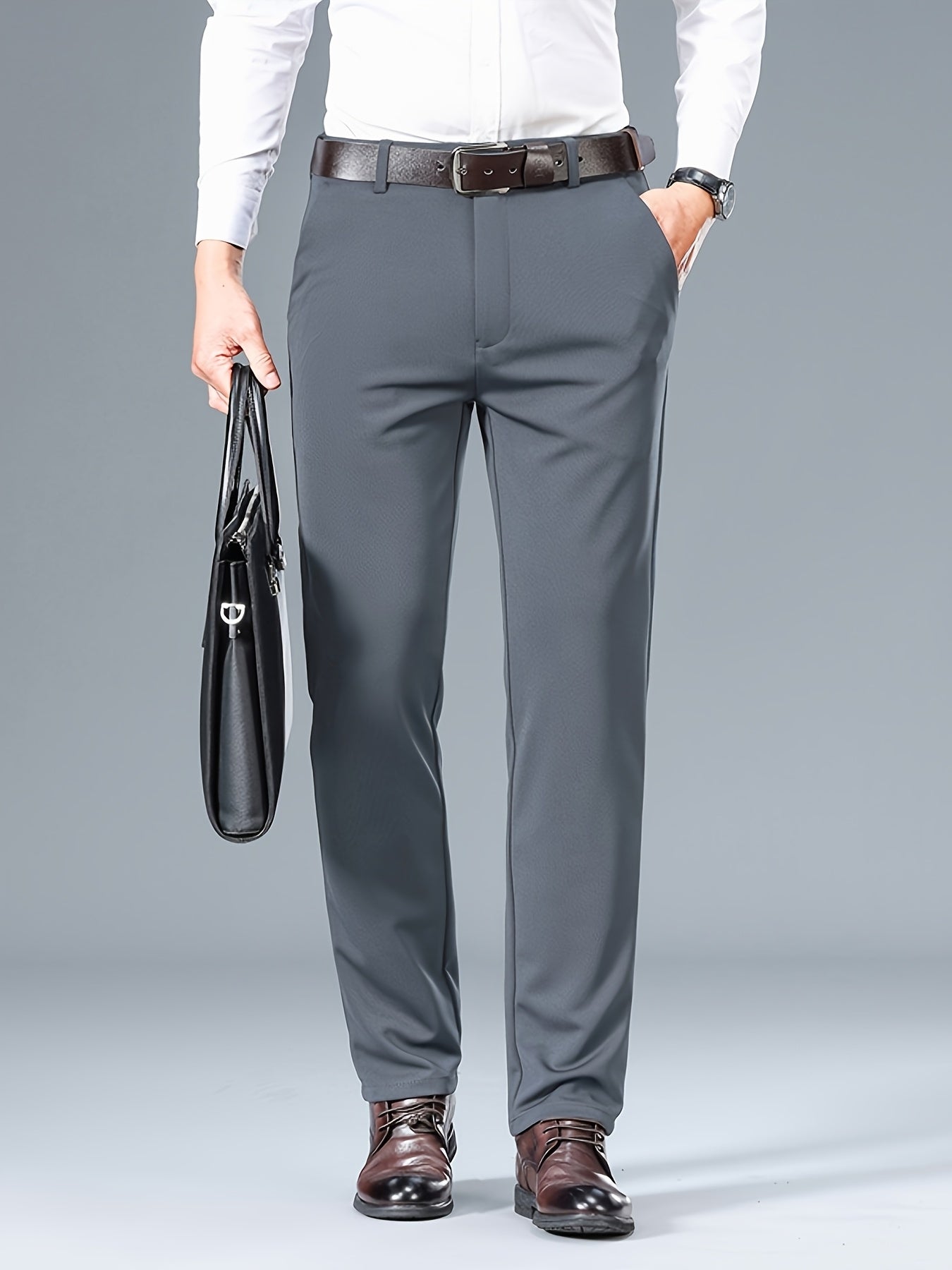 Pantalon Homme Business Léger – Gris, Jambe Droite, Tout Saison, Sans Ceinture