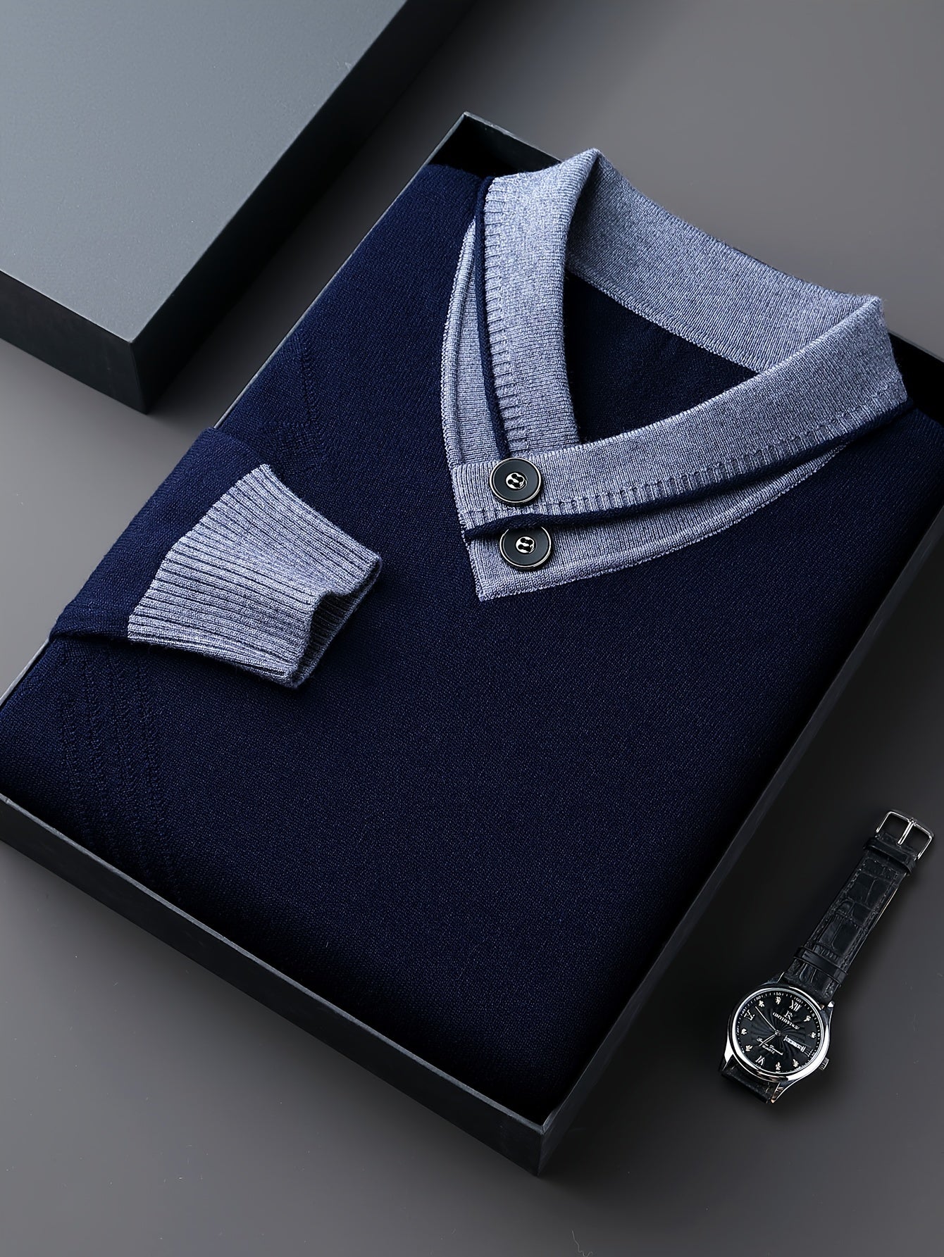 1pc Men'S Winter V-Neck Sweater with Dual Button Detail - Color Block Knit Pullover, Viscose Fabric, Long Sleeve, Regular Fit, Casual Style for Fall/Winter - Soft, Warm, Skin-Friendly Inner Layer, Thick