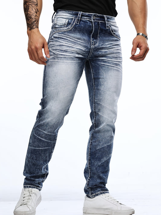 Jean vintage brodé pour homme – faux denim extensible, coupe slim, jambe droite, taille mi-haute, bleu clair avec motif floral, confortable et stylé pour tenue décontractée