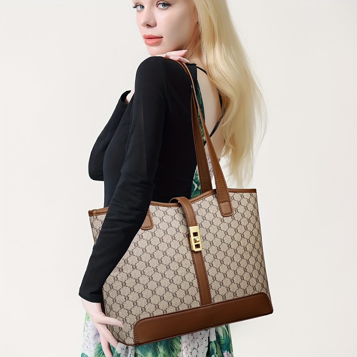 Sac cabas grande capacité pour femme – Café et gris, ferrures dorées, fermeture éclair, anses solides, bandoulière détachable, élégant pour travail et voyage