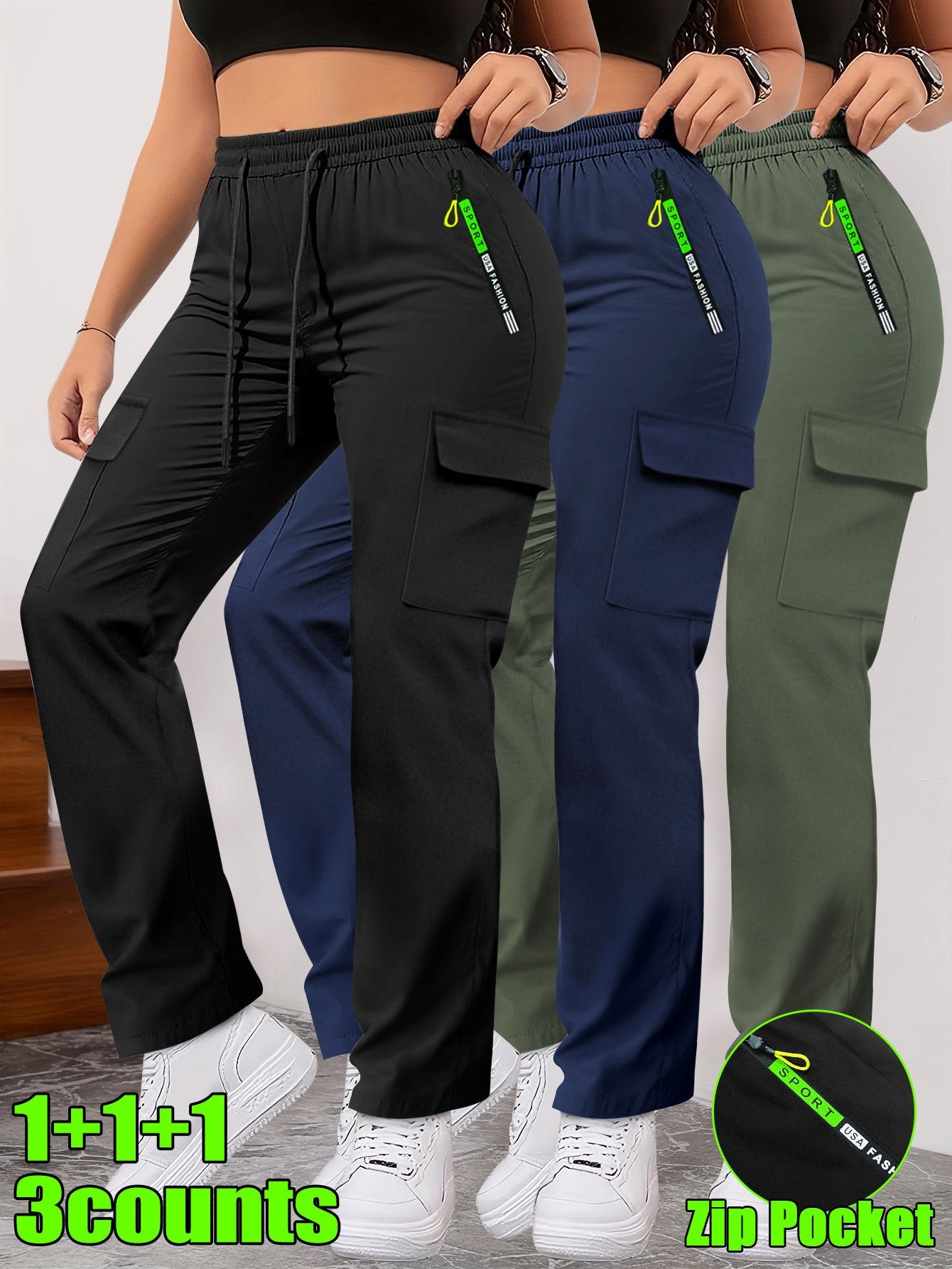 Lot de 3 Pantalons Femme– Poches Zippées et Cargo, Robustes, Sans Extensibilité, Printemps/Automne