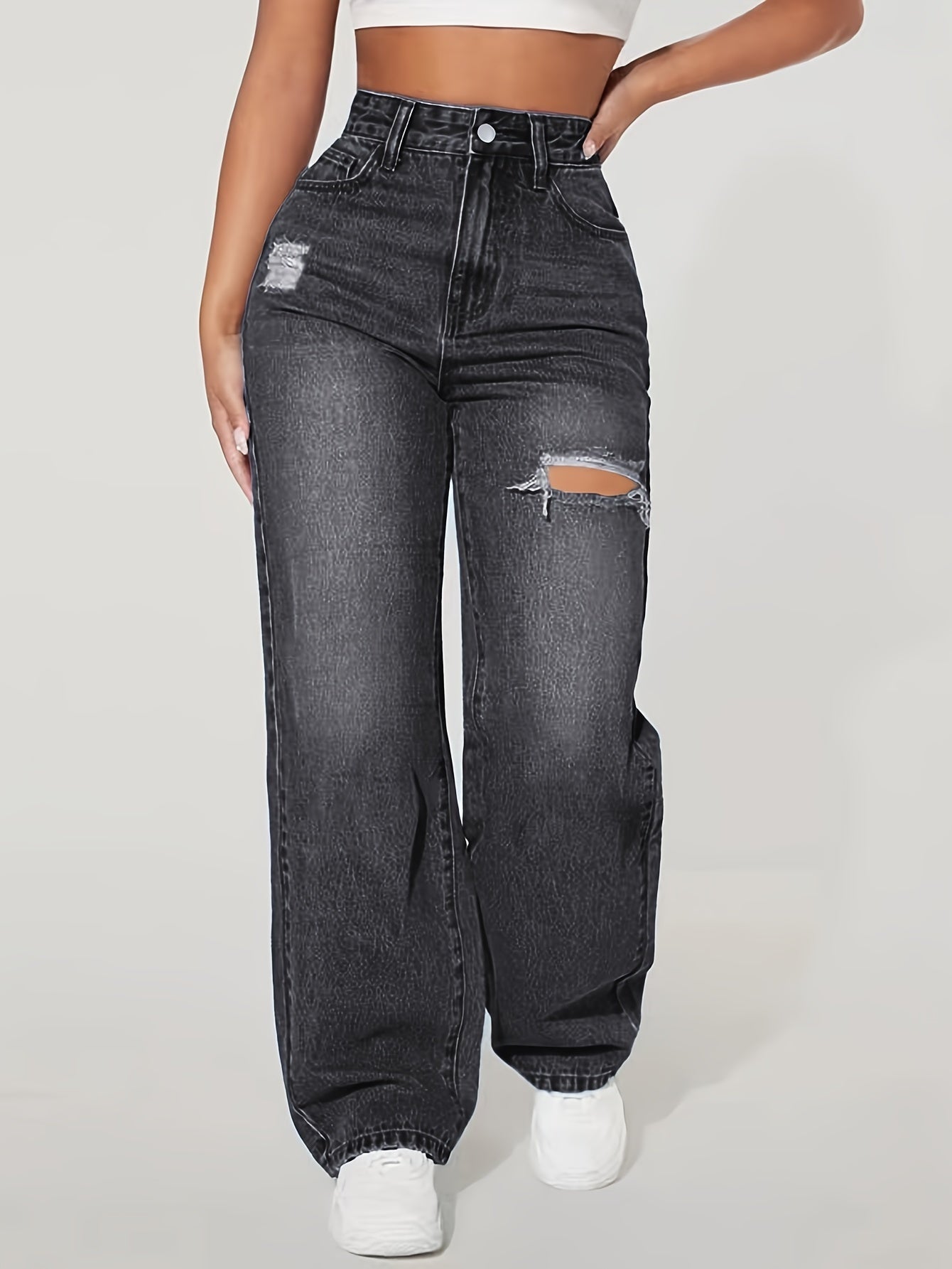 Jeans Femme Taille Haute Jambe Droite Effet Déchiré Extensible Confort Bleu Foncé Décontracté Lavable