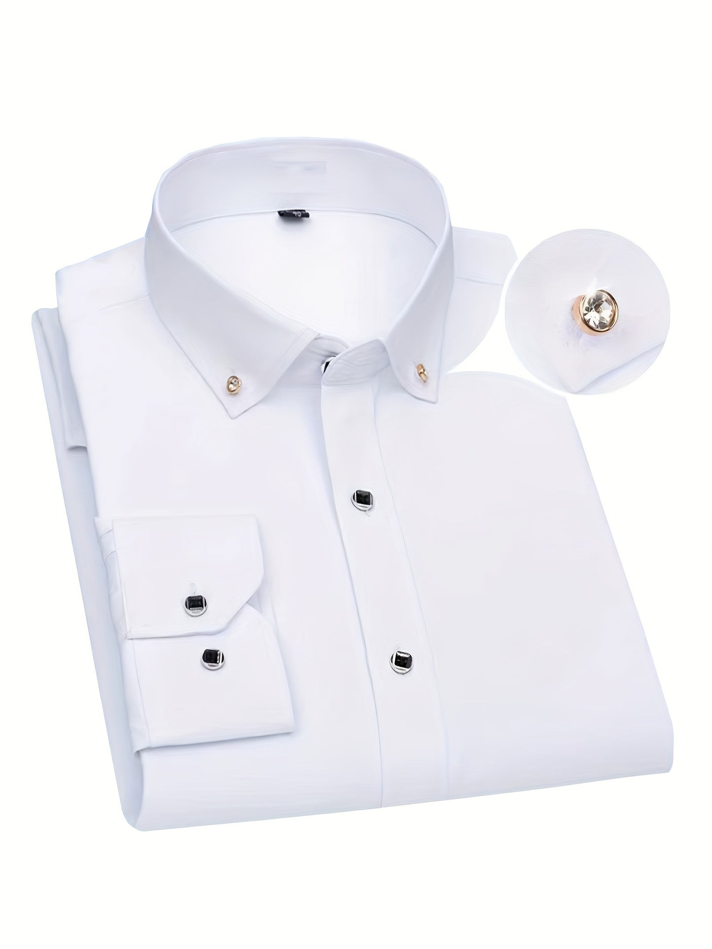 Spring and Autumn Long-Sleeve Shirt for Men, Stylish Business Casual Wrinkle-Resistant Dress Shirt with Diamond Buttons, Regular Fit Solid Color