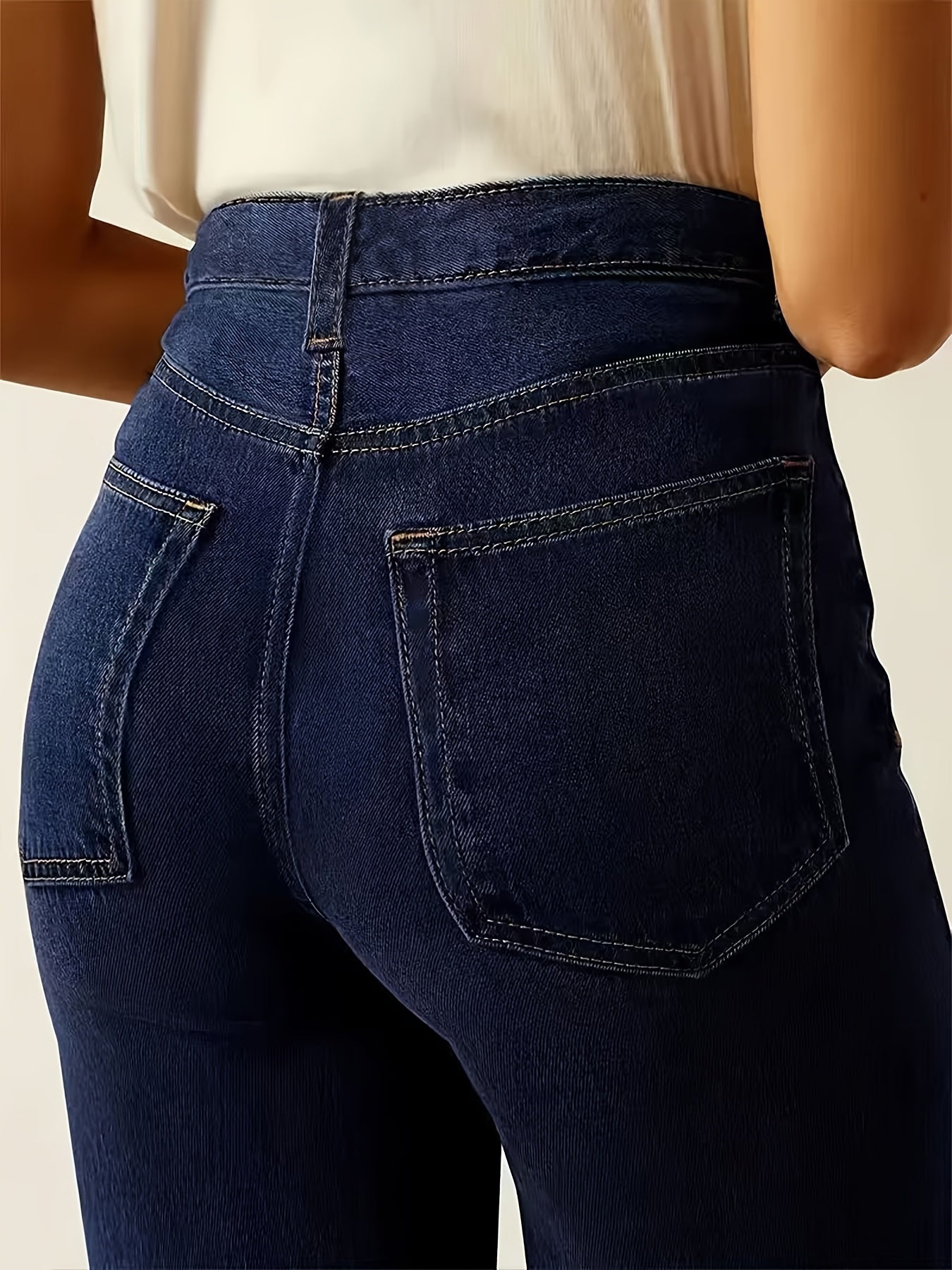 Jeans Femme Jambe Large Extensible Non Transparent Bleu Foncé Effet Usé Zippé Toute Saison Polyvalent Élégant