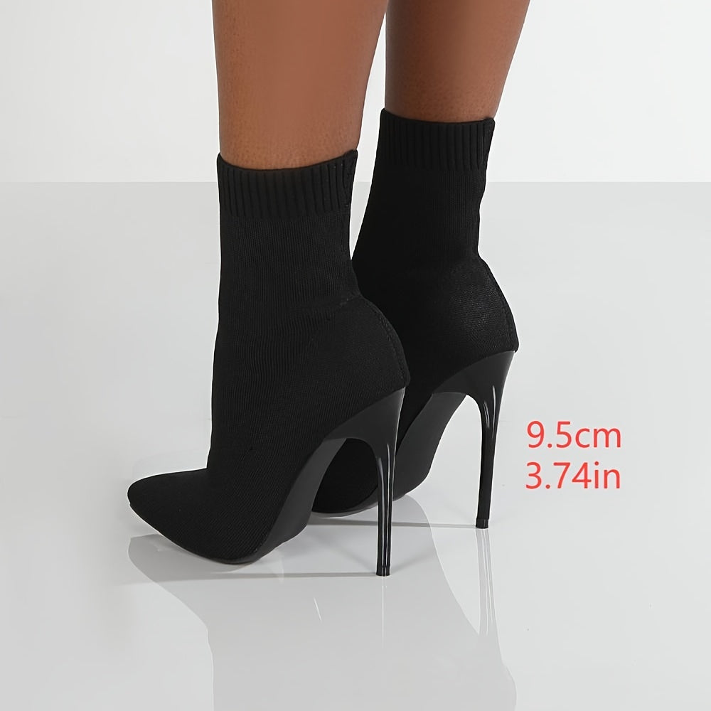 Bottines Femme Rétro Classiques – Tricot Noir, Confortables et Élégantes, Talon Haut Marron Foncé ou Noir, Slip-On Élastique, Adaptées à Tous Types de Morphologie, Style Européen et Américain Simple