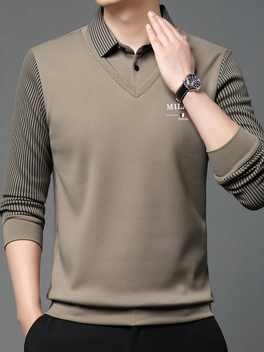 Men's All-Season Long Sleeve Shirt - Dark Green with White Contrast Collar &, Italian-Inspired Logo (Milano Italy Flag), Button-Front Placket, Casual to Smart-Casual Wear, Versatile for, Office & Everyday - Regular Fit