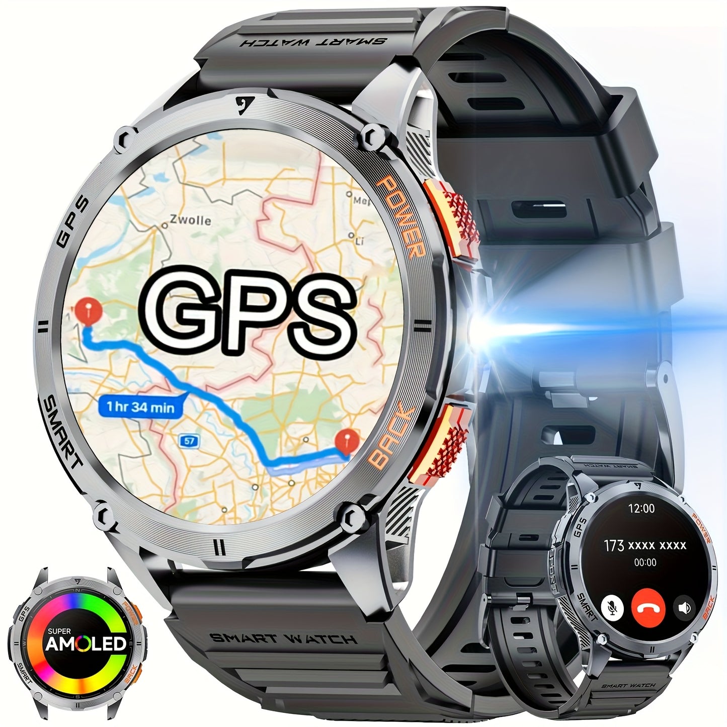 Montre Connectée GPS – Écran AMOLED 1,43", Grande Autonomie, Appels Sans Fil, Modes Sport, Lampe Torche LED, Smartwatch Outdoor Haute Précision