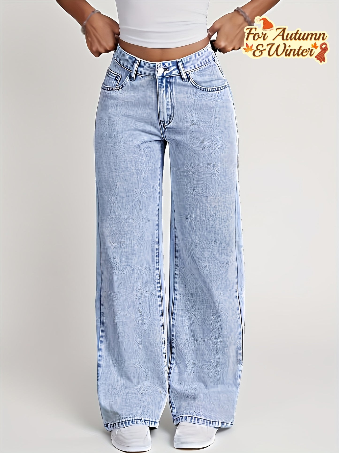 Jeans Femme Jambe Droite Snow-Wash Classique Bleu Gris Confortables Décontractés Toute Saison Flatteurs Élégants Automne Hiver