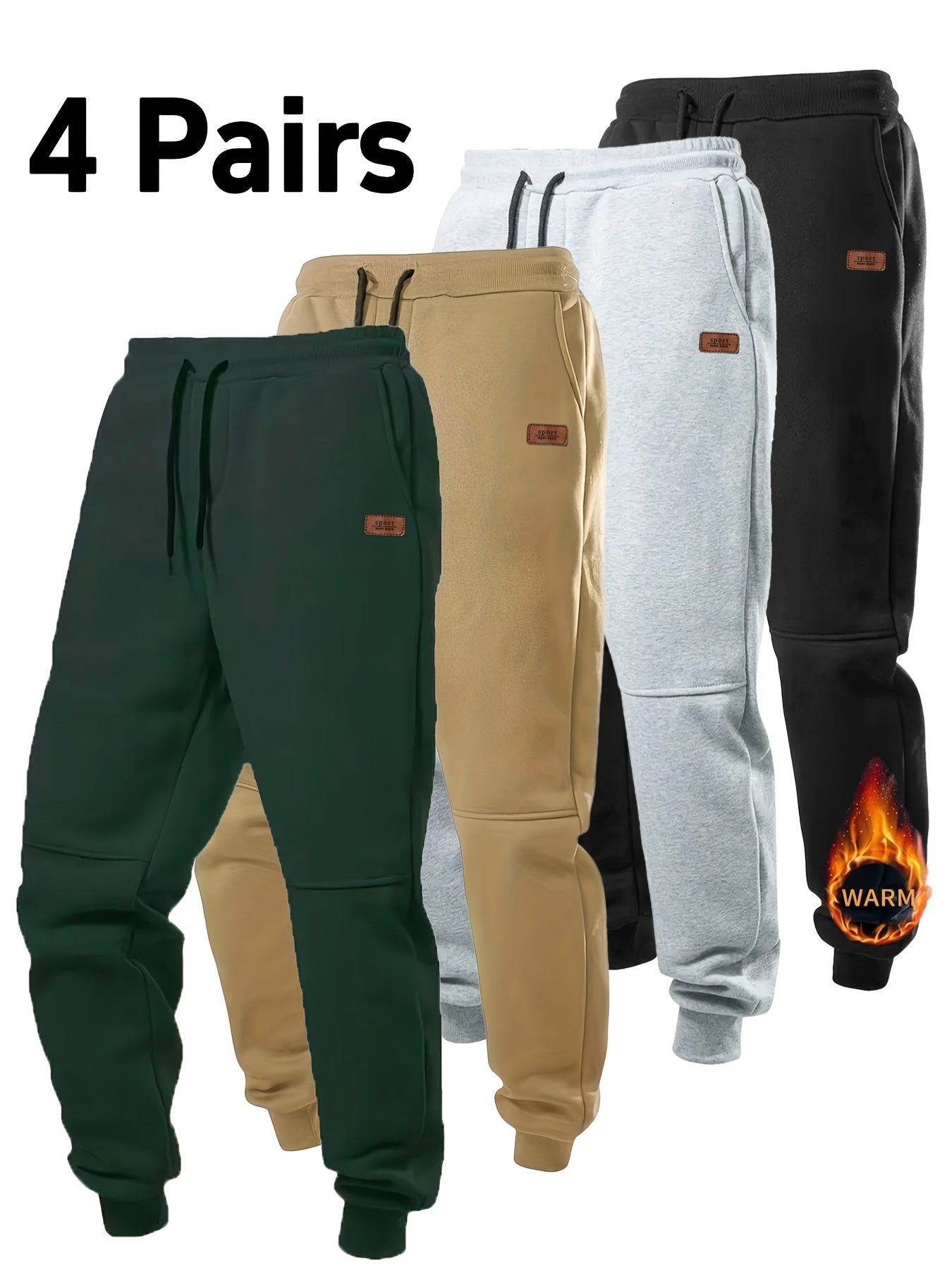 4pcs Pantalons Sport Homme – Automne/Hiver, Cordon, Tissu Élastique, Doublure Chaude, Casual
