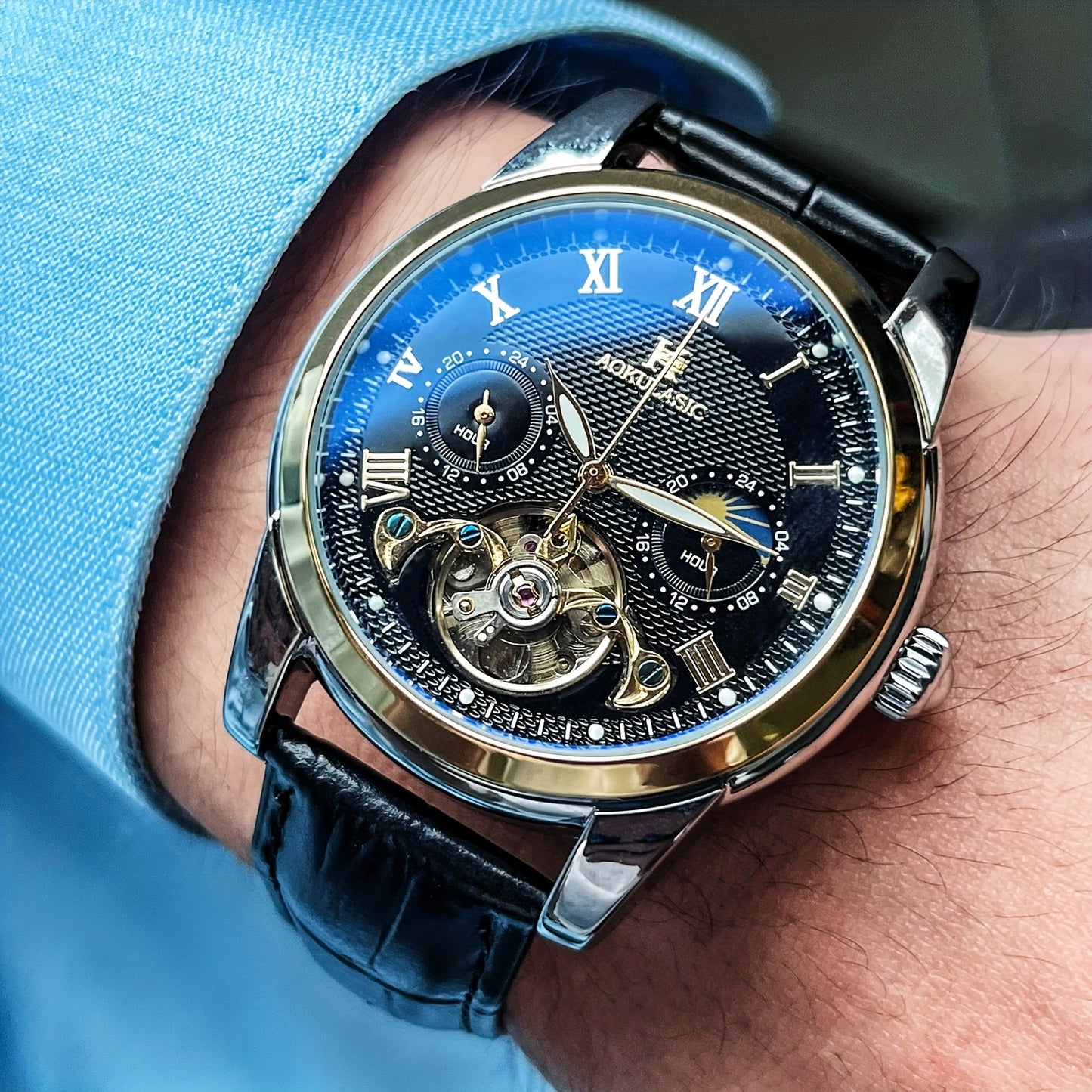 Luxury Automatic Mechanical Watch for Men - Fashionable and Versatile Casual Style - Light Luxury High-end Sun, Moon, Stars 24-Hour Function - Automatic Winding Luminous Hands - Business Demeanor Style - Gift for V