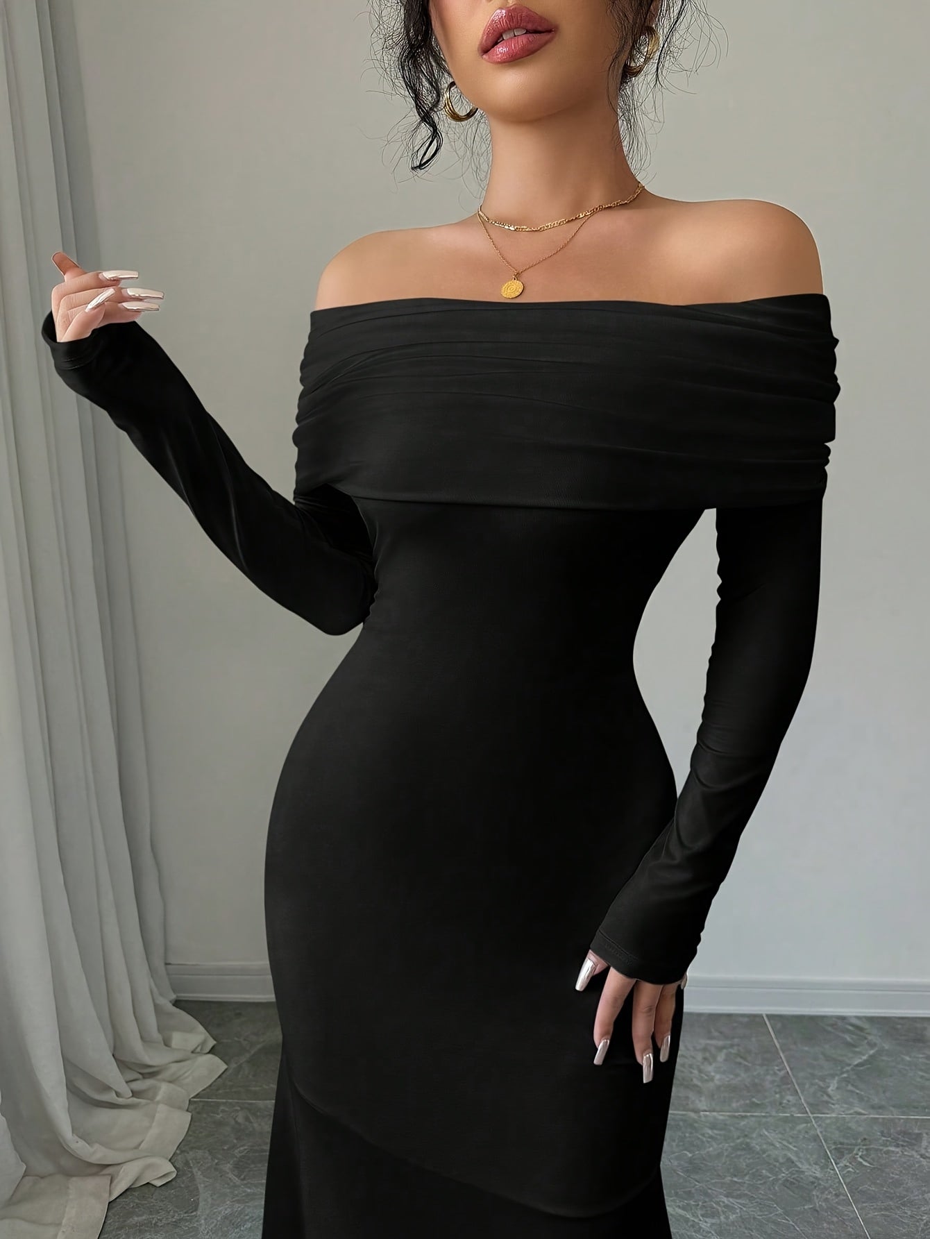 Women's Elegant Strapless/ Neck Twist Back Mermaid Dress - Solid Color Fitted Long Sleeve Dress Suitable for Weddings, Parties, Business Events - Machine Washable Year-Round Wear
