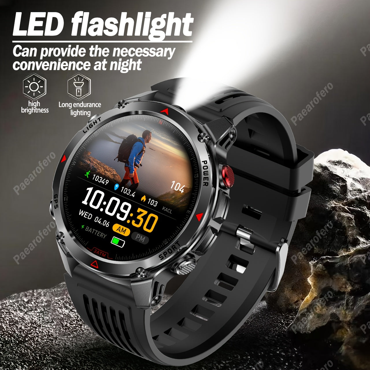 2025 new GPS smartwatch with flashlight, full touch screen, wireless calling, music playback, for iPhone/Android, equipped with GPS, compass, altimeter, barometer, calendar, calculator, calorie pedometer, fitness tracker, swi