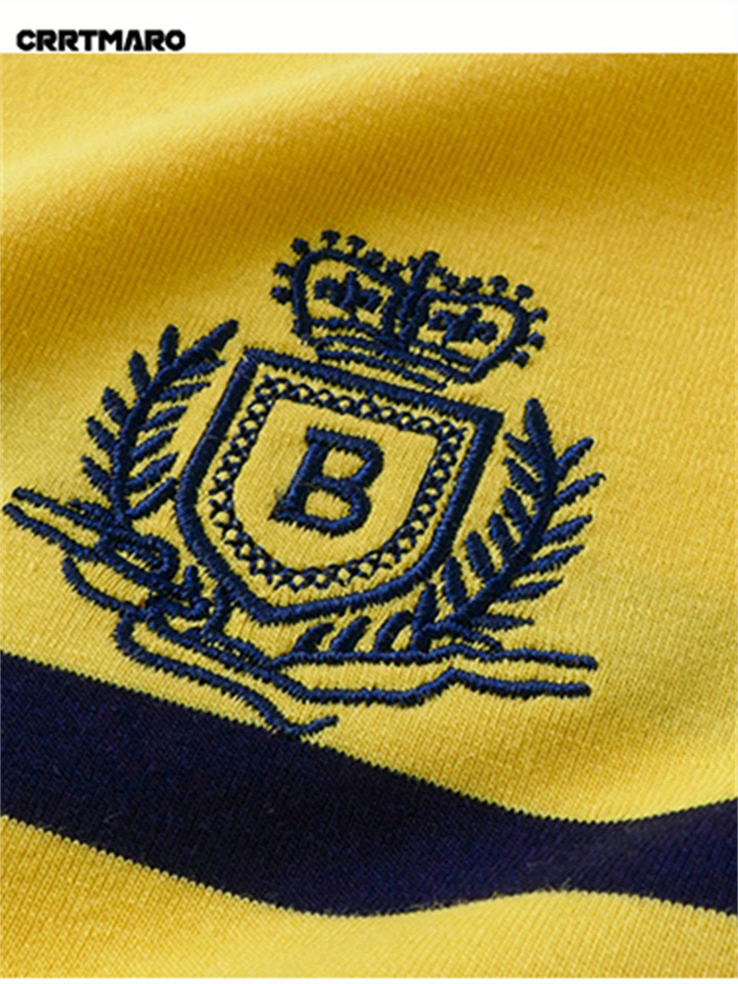 CRRTMARO Men's Short Sleeve Shirt - Summer Striped Embroidered Logo, Vibrant Yellow & Navy, Breathable Regular Fit Casual Button-Up for Office & Leisure