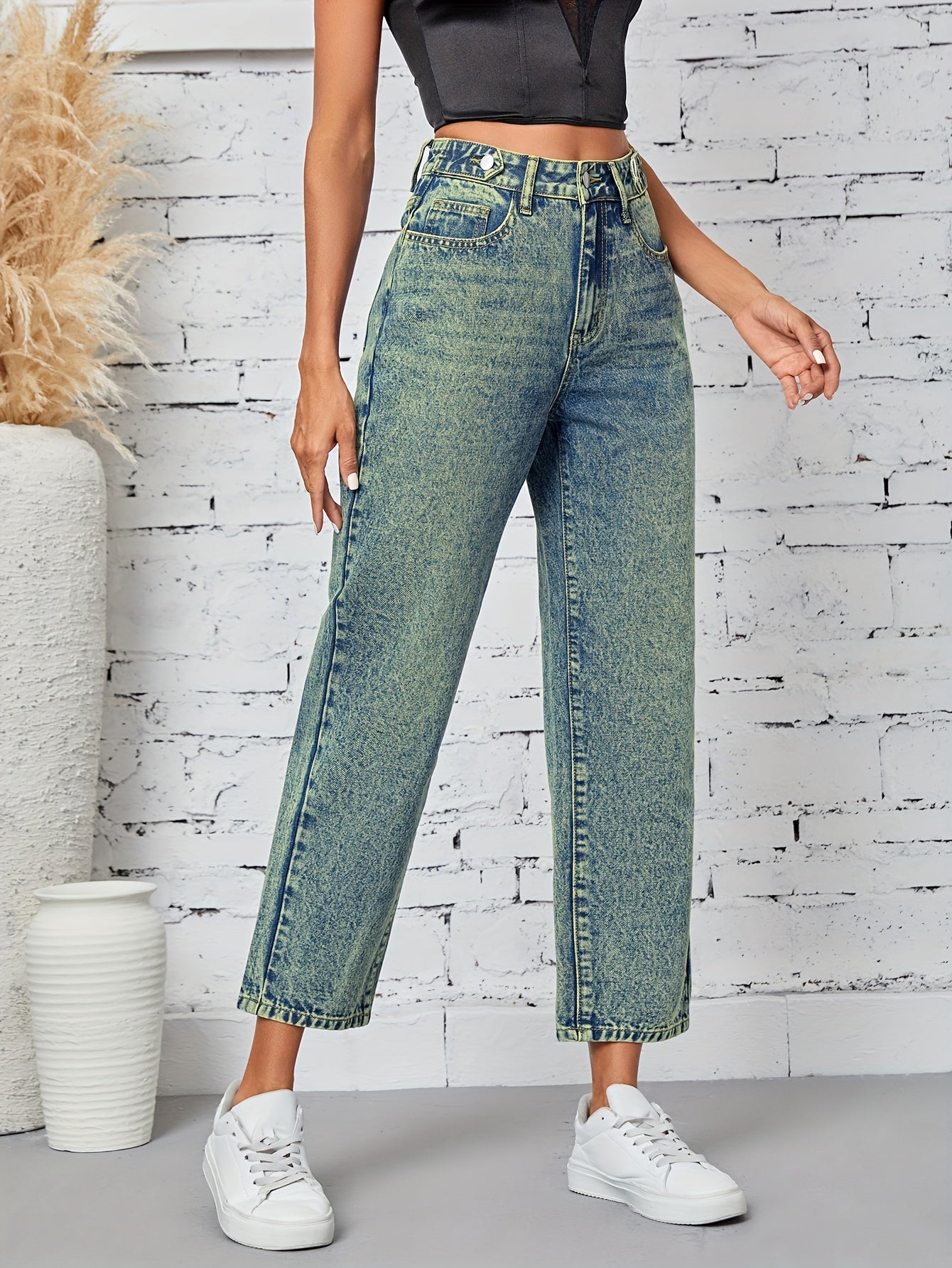 Jeans Femme Jambe Droite Décontracté Extensible Taille Mi-Haute Boutons Bleu Clair Effet Usé Toute Saison Confortable