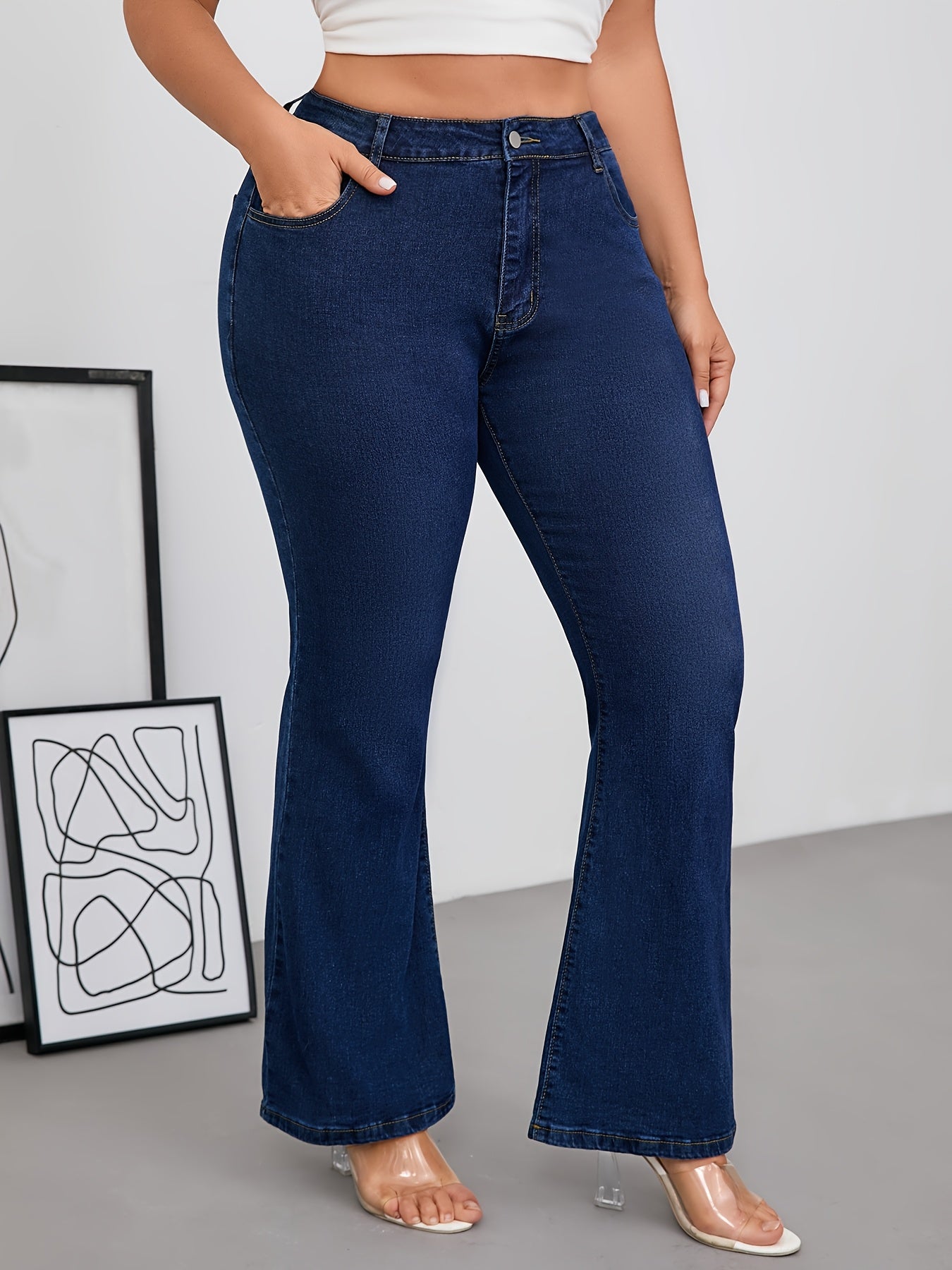 Jeans Femme Grande Taille Taille Haute Évasé Extensible Bleu Poches Obliques Boutons Toute Saison Élégant Décontracté et Formel