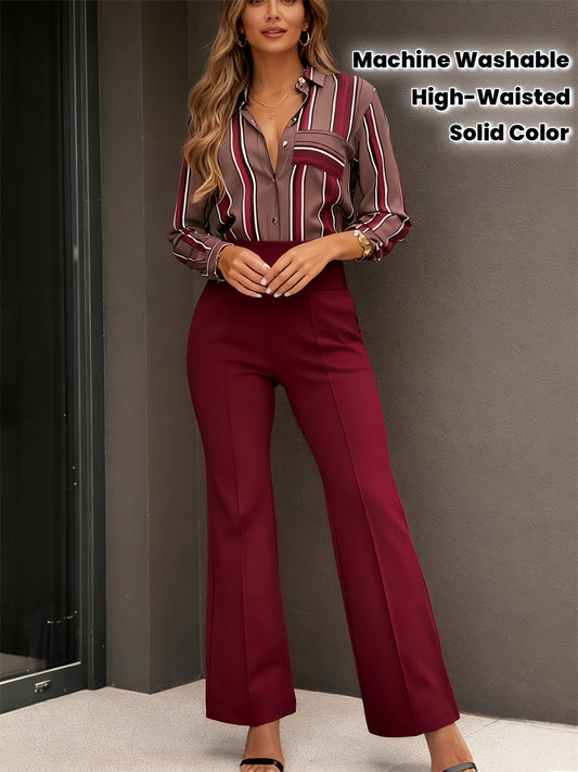 Pantalon Femme Bordeaux Taille Haute – Jambe Évasée, Longueur Cheville, Rayures Verticales, Tous Saisons, Bureau et Décontracté