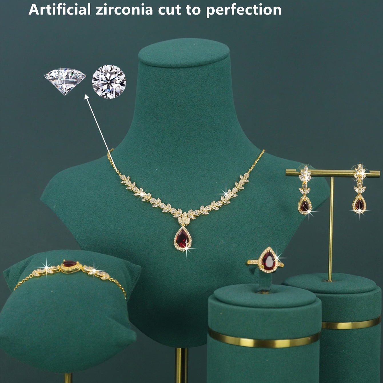 Ensemble mariage luxe 5 pièces – plaqué 18K, style royal moyen-oriental, design goutte, zirconia oxydé 3D vert, rouge et blanc incrusté à la main, comprenant collier, bracelet, boucles d’oreilles et bague, adapté au port quotidien