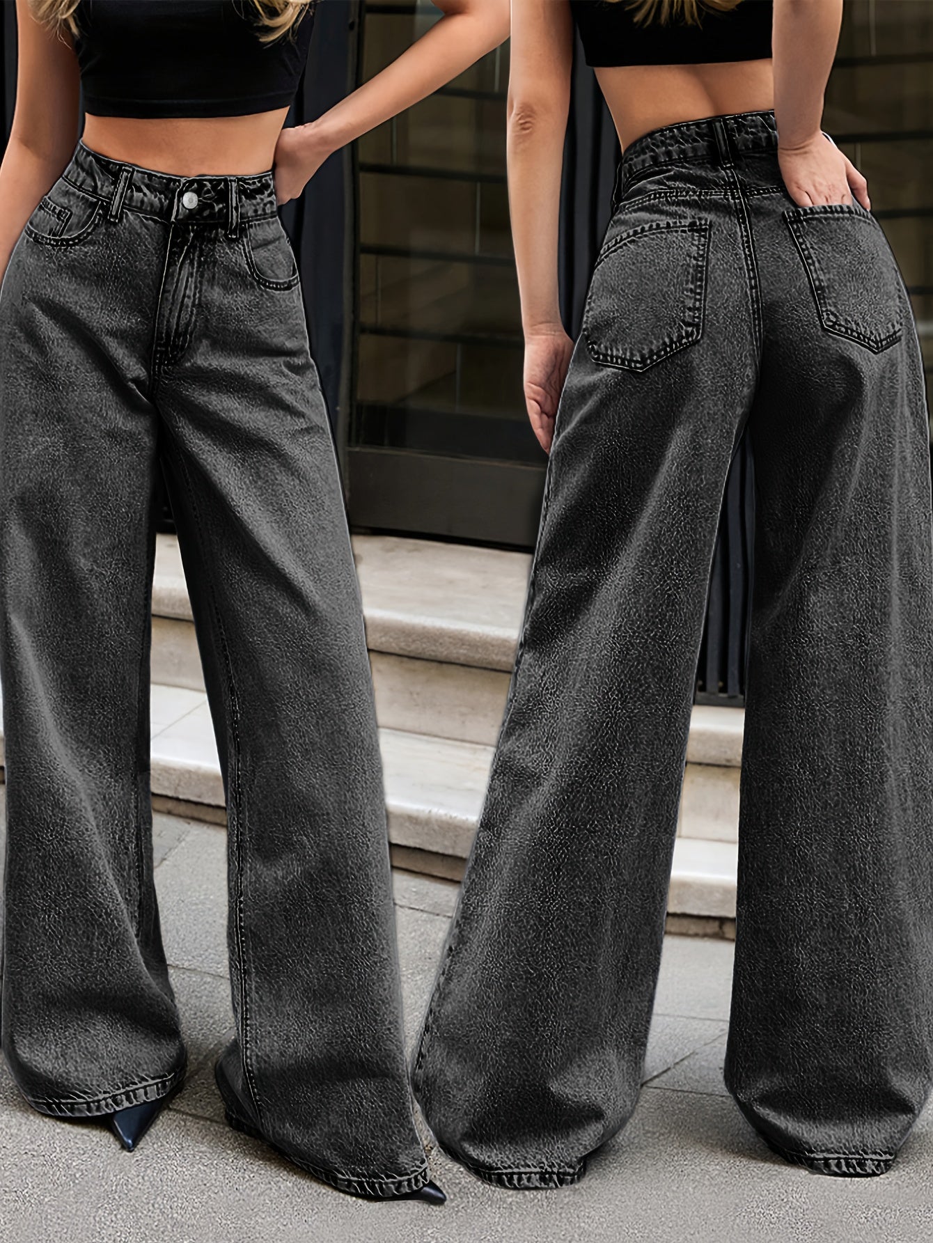 Jeans Femme Taille Haute Jambe Large Élégant Non Extensible Fermeture Zippée Toute Saison Décontracté et Formel Polyvalent Design Minimaliste