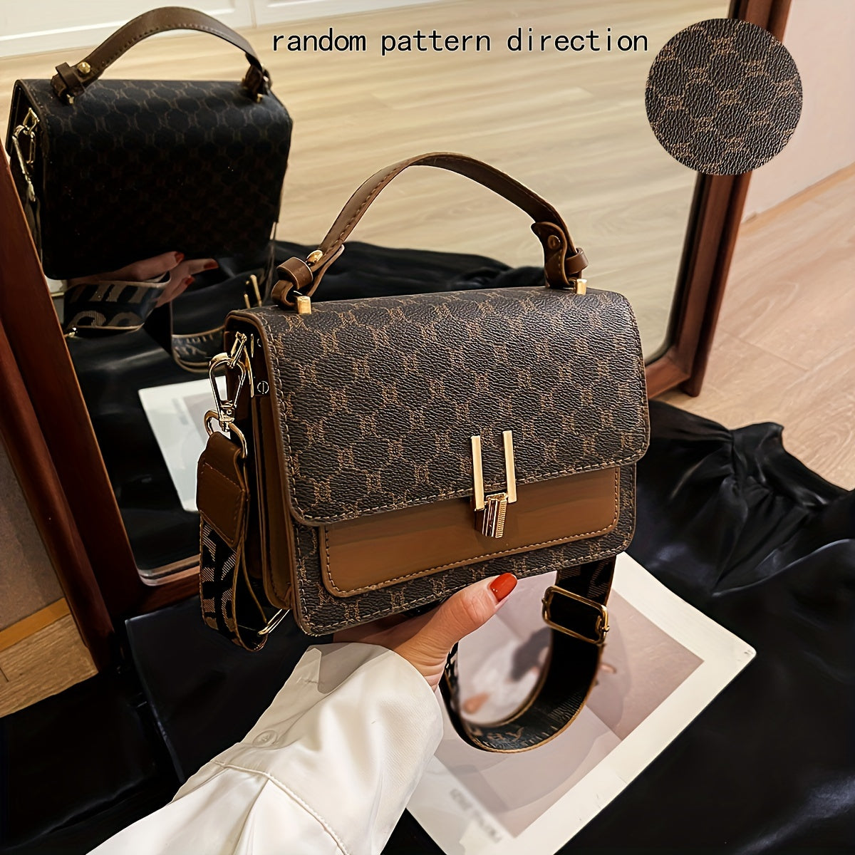 Sac élégant pour femmes – grande capacité, motif géométrique, simili cuir, bandoulière large et amovible, accessoires dorés, sac bandoulière polyvalent pour occasions casual et formelles