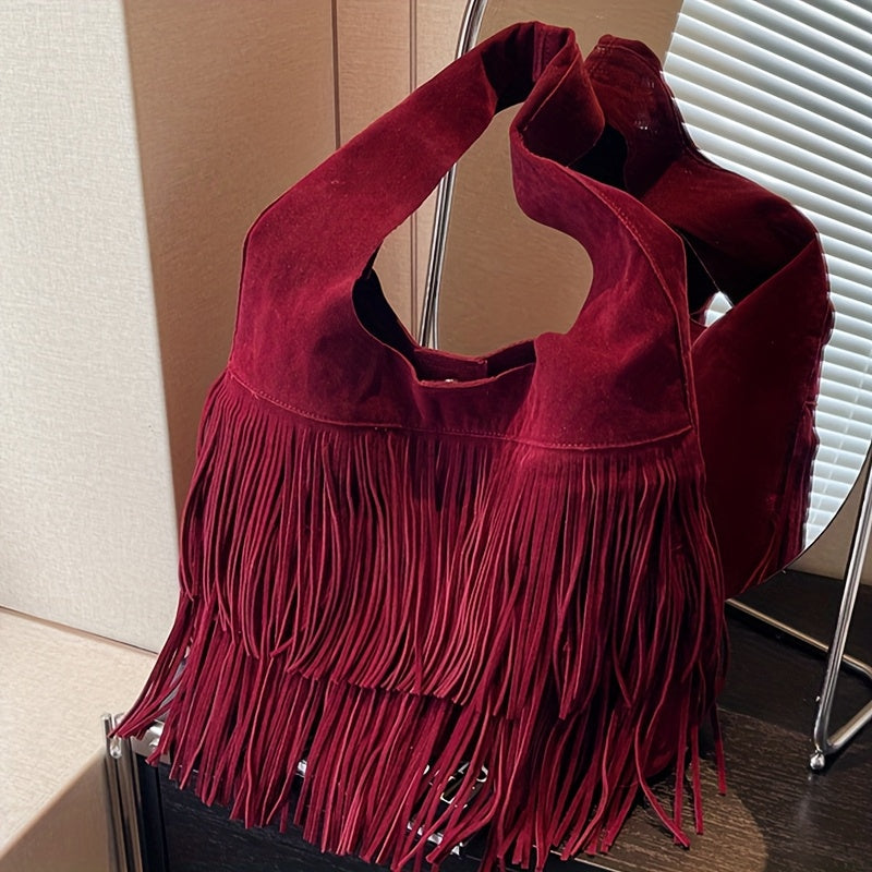 Sac Cabas Femme  Bordeaux à Franges avec Fermeture Éclair et Détails à Franges – Sac à Main Style Tote, Bandoulière Fixe, Sans Fermeture Supplémentaire – Couleurs : Café / Marron / Noir / Bleu Marine / Bordeaux