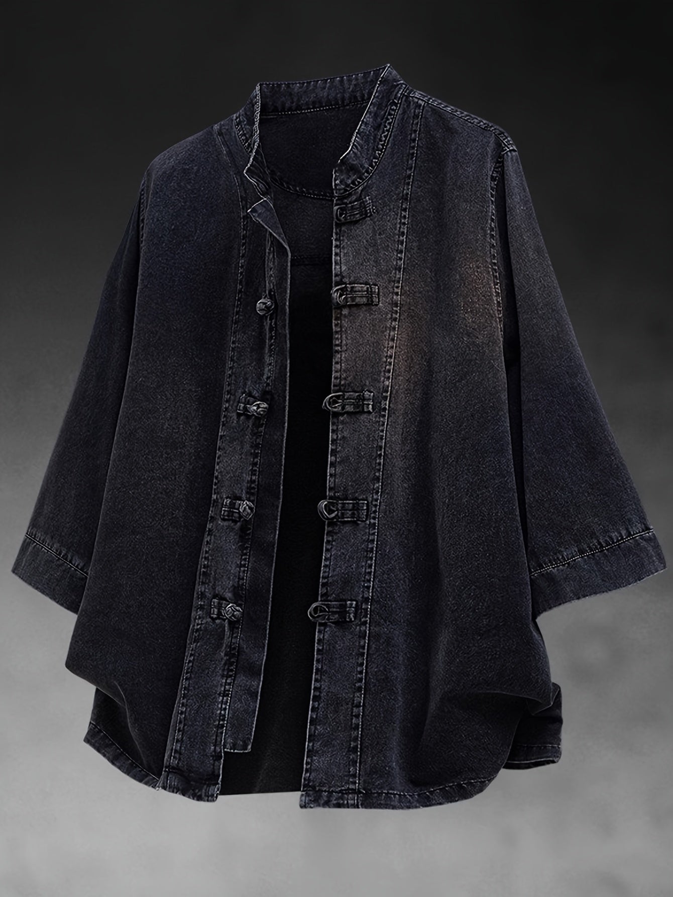 Xingmengzhi OBM Men's Denim Shirt, Loose-Fit Seven-Quarter Sleeve New Chinese Style Button-Up Top, Slim Stand Collar Denim Cardigan Lightweight Jacket