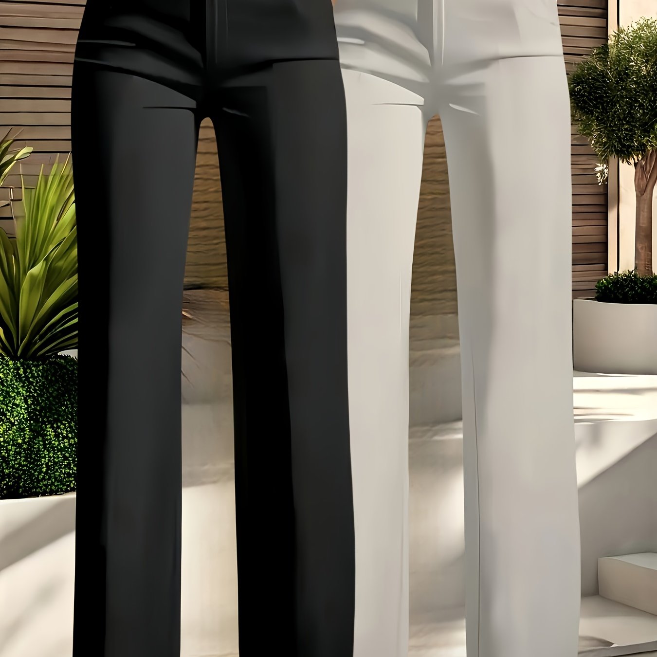 Pantalon Femme Élégant Taille Haute – Jambe Droite, Fermeture Zippée Avant et Taille Élastique Arrière, Couleur Unie, Tous Saisons, Bureau et Décontracté