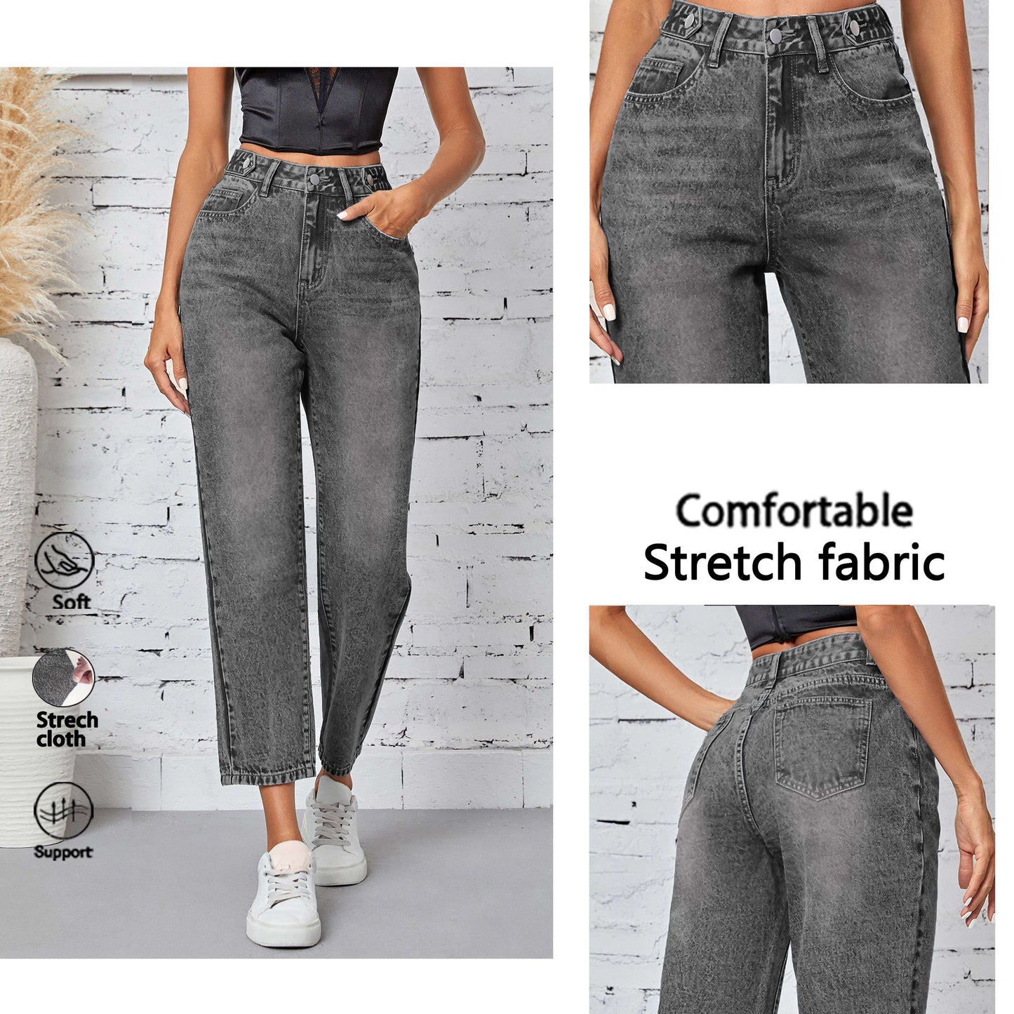 Jeans Femme Jambe Droite Décontracté Extensible Taille Mi-Haute Boutons Bleu Clair Effet Usé Toute Saison Confortable