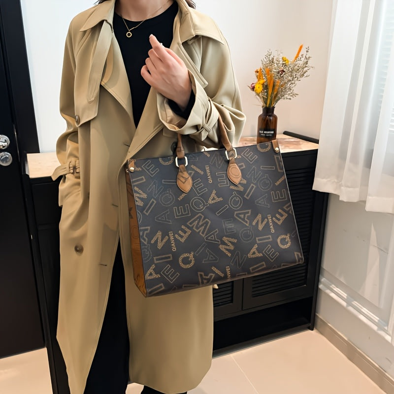 Sac Cabas Femme en Cuir Synthétique Élégant – Fermeture Éclair, Marron Café avec Motif Lettres Stylé et Poignée en Bois, Parfait pour Usage Quotidien | Sac à Épaule Chic | Design Sophistiqué