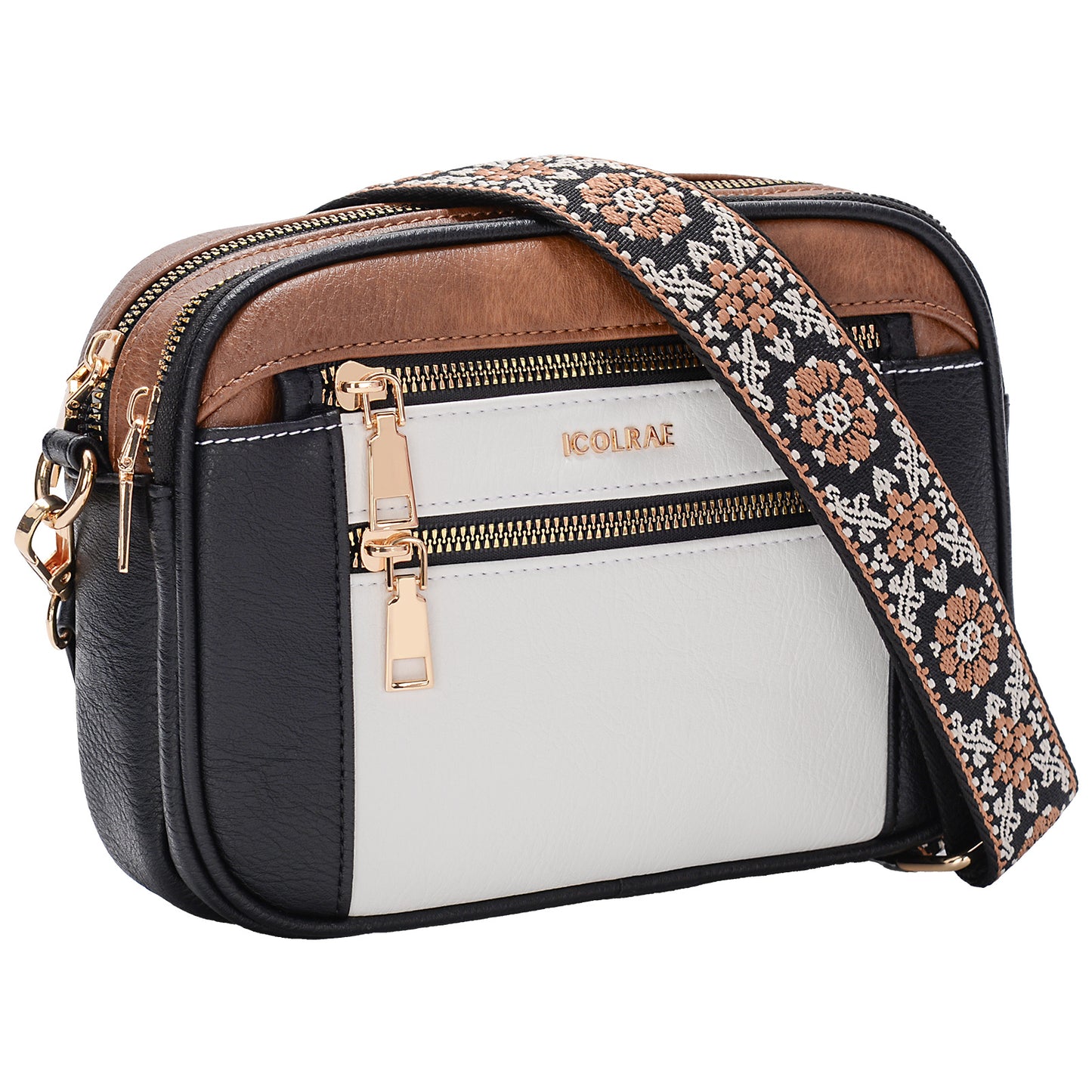 Sac bandoulière en PU grande capacité – plusieurs poches, fermeture zippée, idéal pour trajets et voyage, disponible en noir/blanc