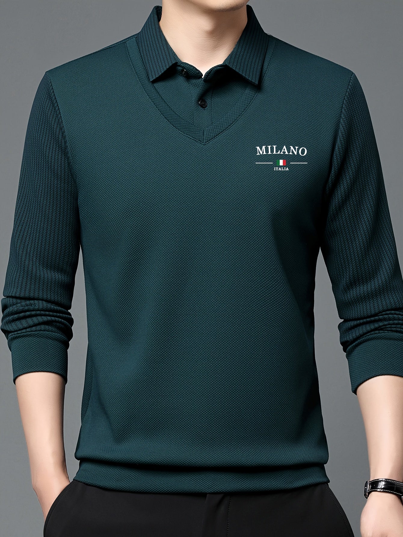 Men's All-Season Long Sleeve Shirt - Dark Green with White Contrast Collar &, Italian-Inspired Logo (Milano Italy Flag), Button-Front Placket, Casual to Smart-Casual Wear, Versatile for, Office & Everyday - Regular Fit