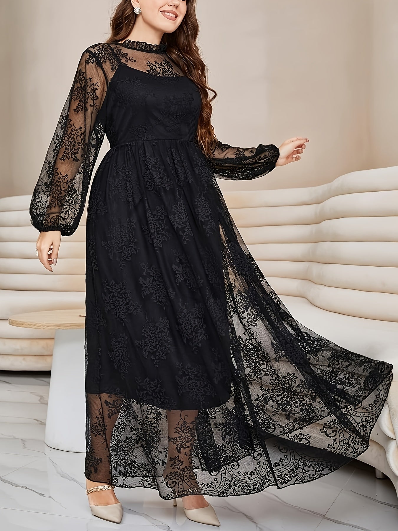 Robe Longue Grande Taille Élégante – Col Montant, Manches Lanternes, Bordure Dentelle, Coupe A-Ligne, Idéale Soirées, Mariages et Galas