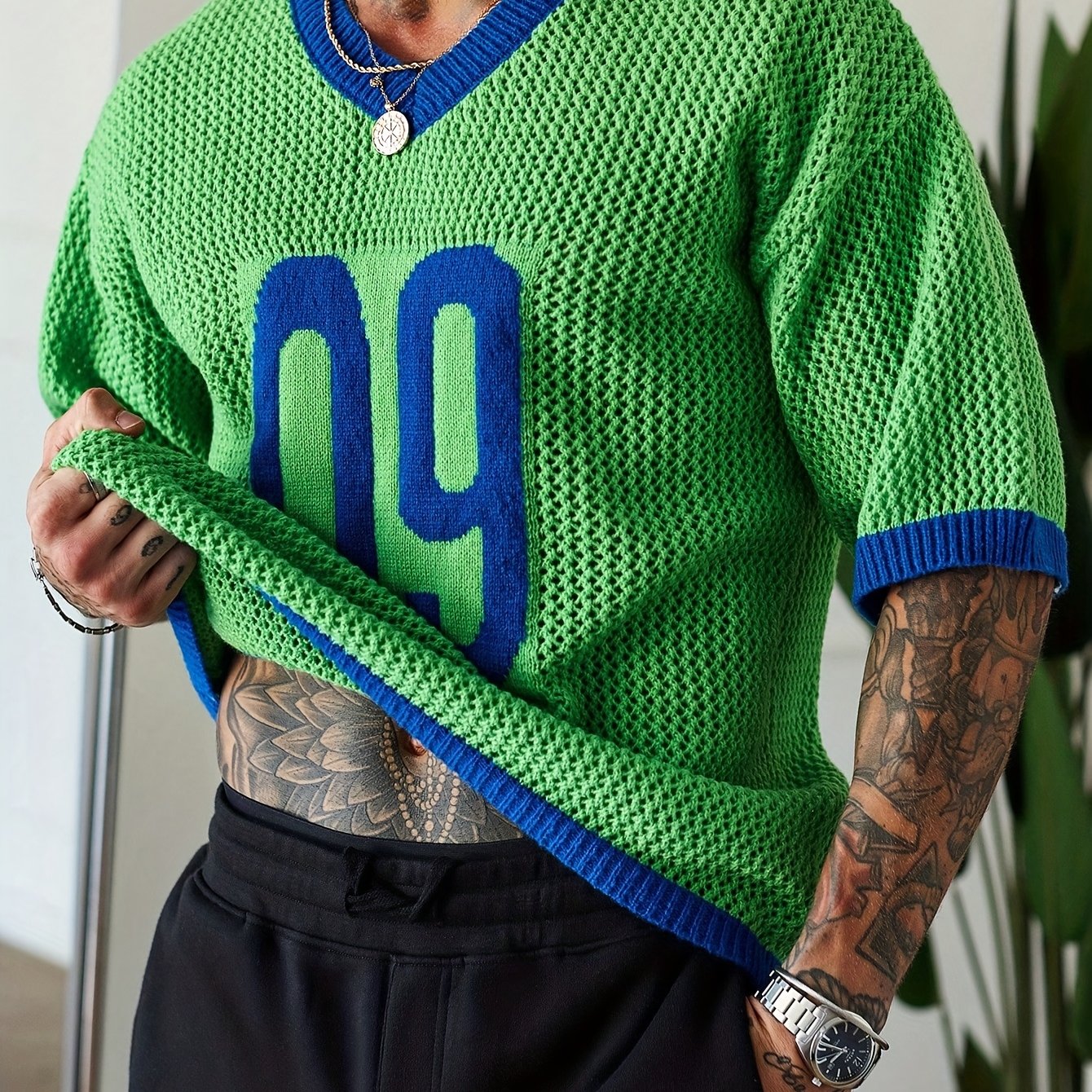 Men's Street Style Contrast Color V-Neck Numeral Print Raglan Knitted Pullover Men Jersey Knit Top Men Men Vacation Men Knit Tops Men Jersey