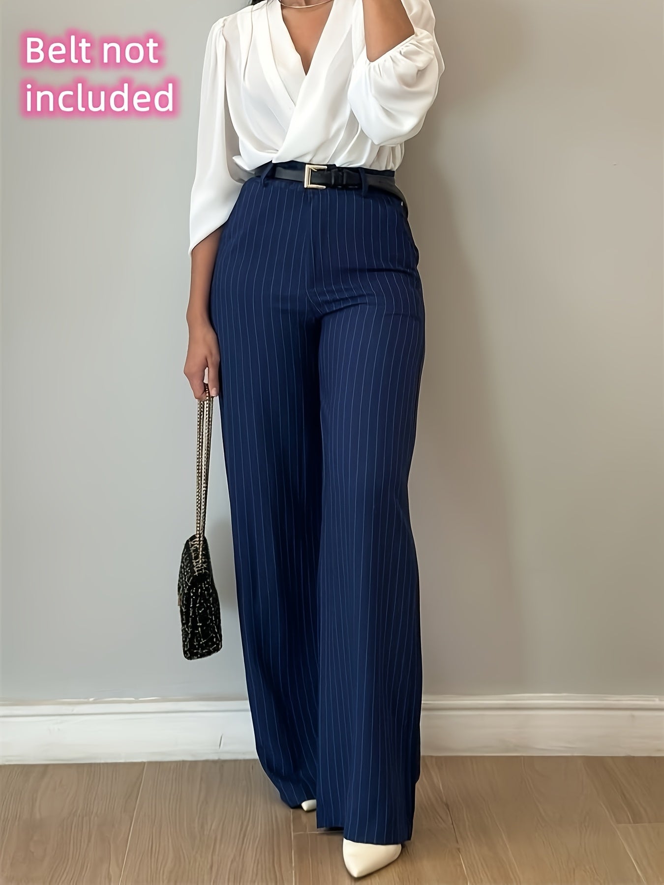 Women's Blue Striped Long Pants Without Belt Elegant Comfortable Fashion Wide-Leg Trousers LL168