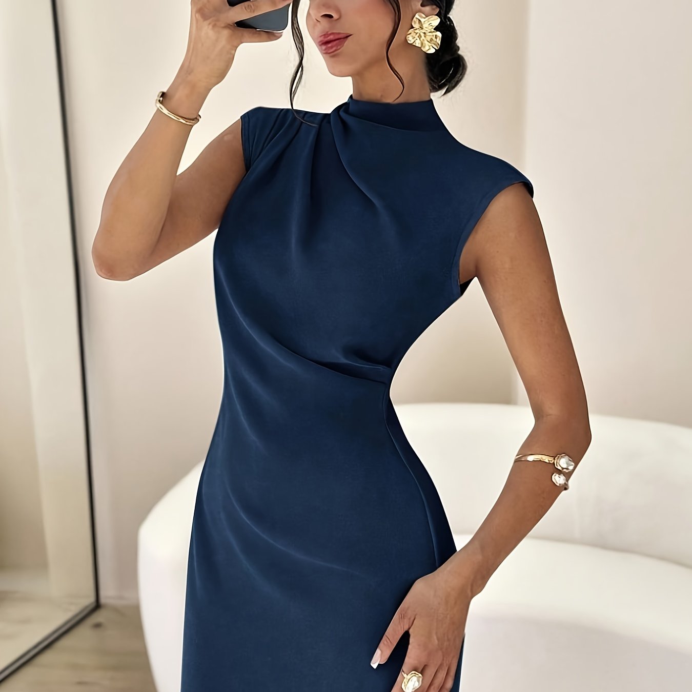 Robe Femme Élégante Bleu Marine A-Line — Manches Courtes et Col Montant, Ourlet Plissé Anti-Plis, Taille Cintrée avec Fente Courte, Lavable en Machine, Parfaite pour Mariages, Soirées