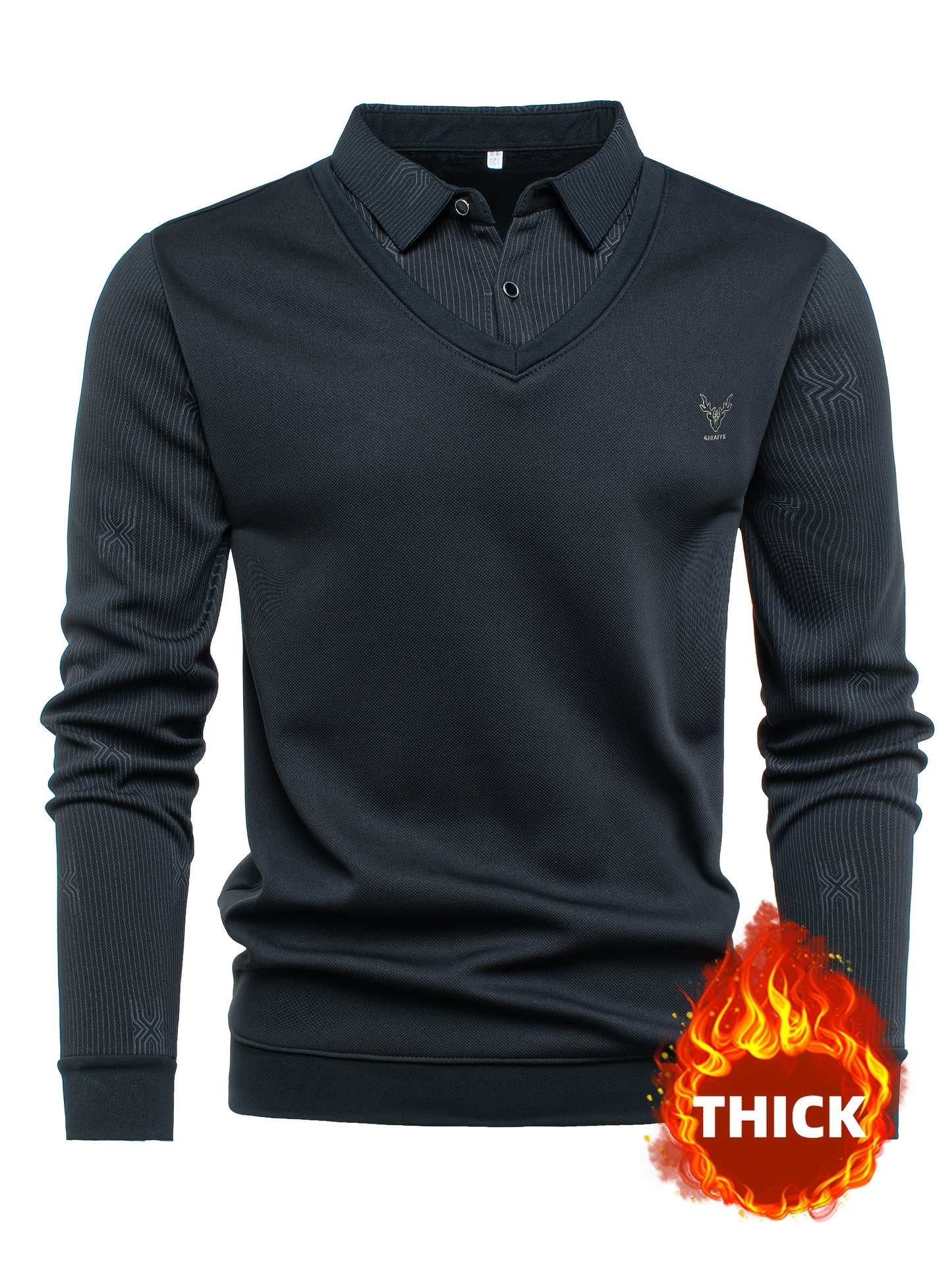 New Autumn And Winter Men'S Long-Sleeve Thickened Fleece Top with a Faux Two-Piece Design, Featuring a Deer Head Label, Stylish Pinstripe Pattern, Warm And Soft for Cold Weather, Perfect for Outdoor Activities, And a Great Gi