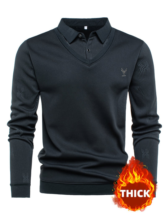 New Autumn And Winter Men'S Long-Sleeve Thickened Fleece Top with a Faux Two-Piece Design, Featuring a Deer Head Label, Stylish Pinstripe Pattern, Warm And Soft for Cold Weather, Perfect for Outdoor Activities, And a Great Gi