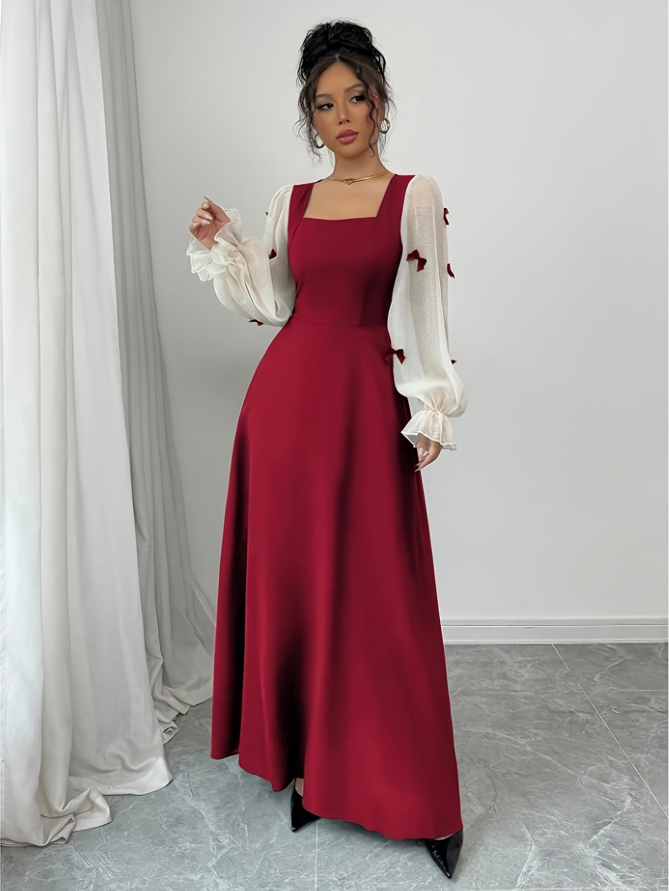 Robe élégante femme rouge bordeaux – manches bouffantes, col carré, nœud à la taille, coupe A-line longue, formelle pour soirées et mariages, lavable en machine, toutes saisons, adaptée aux talons courts ou chaussures plates