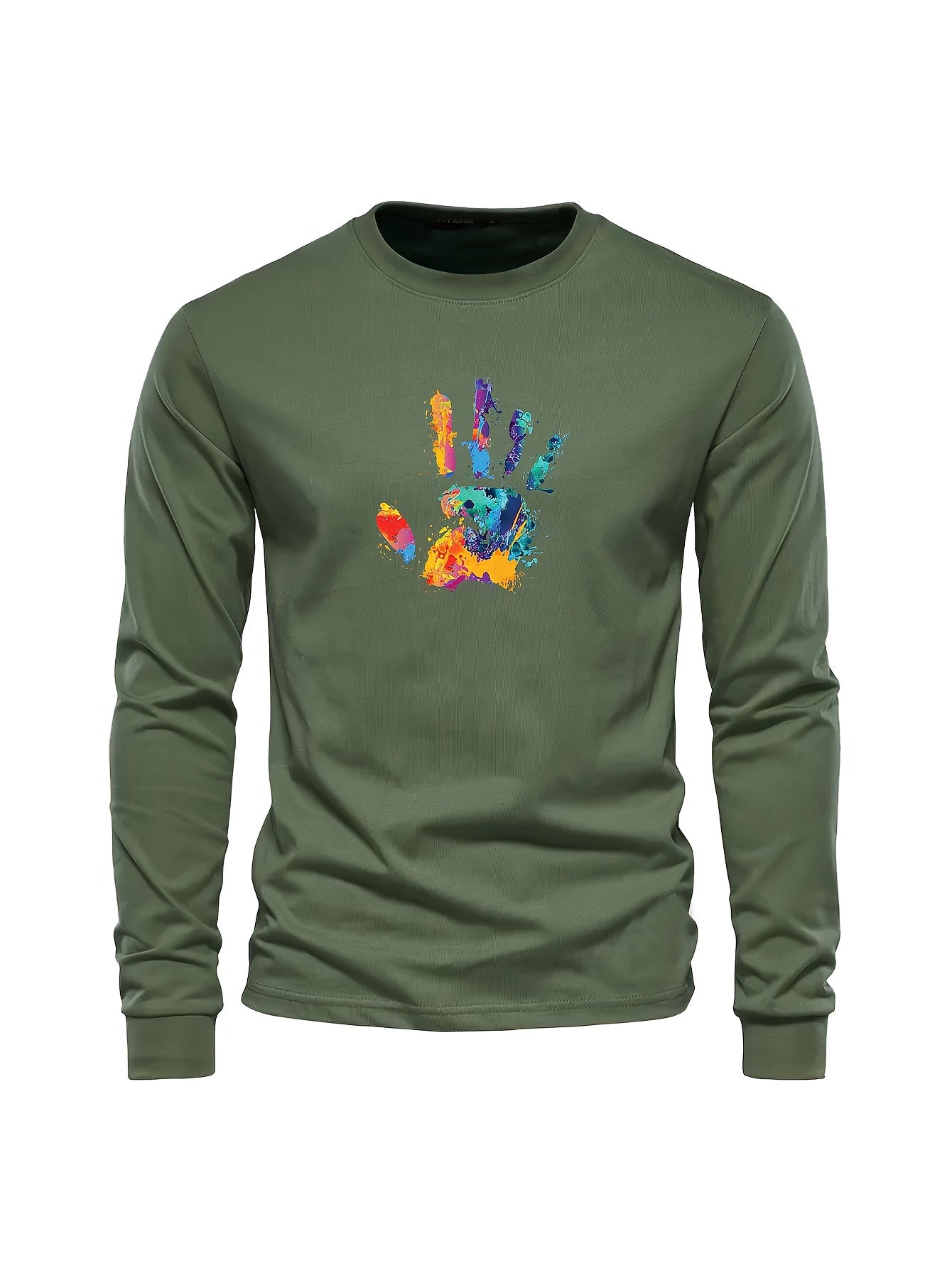 Colorful Hand Print Pattern Men's Trendy Long Sleeve Crew Neck T-shirt, Spring Fall