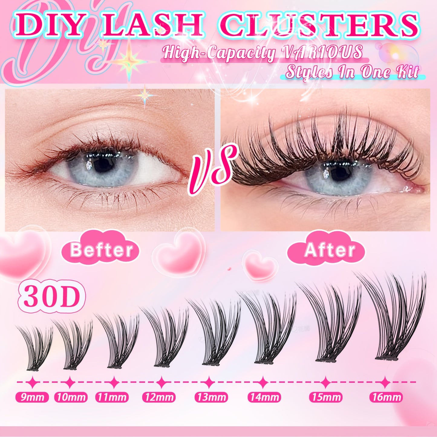 Set de Cils DIY pour Femme – 37 Rangées (740 pcs) / 14 Rangées (280 pcs) / 10 Rangées (200 pcs), Cils Individuels 8-16 mm, Inclus Brosse à Cils, Style Hybride, Parfait pour DIY Débutants à la Maison, Réutilisable