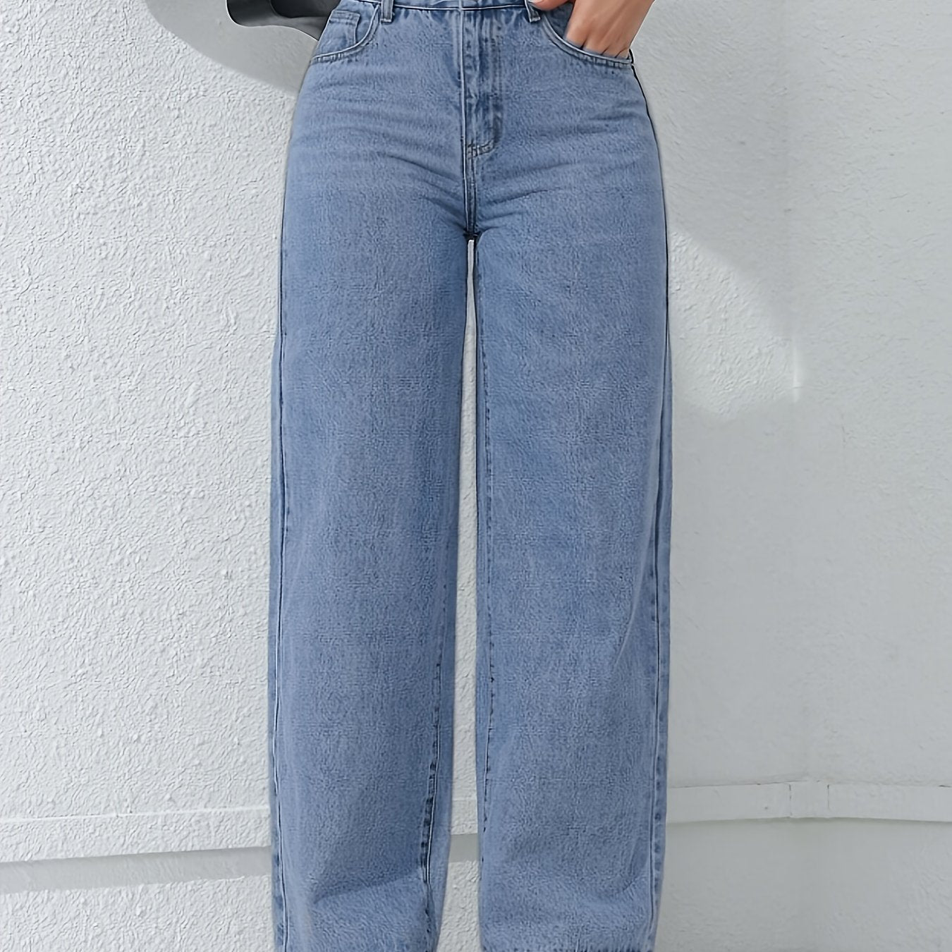 Jeans Femme Décontracté – Jambe Droite, Coupe Ample, Confort Toutes Saisons, Fermeture Boutons, Poches, Denim Bleu Clair, Idéal Sorties Week-end, Tissu Non Extensible, Coupe Relâchée