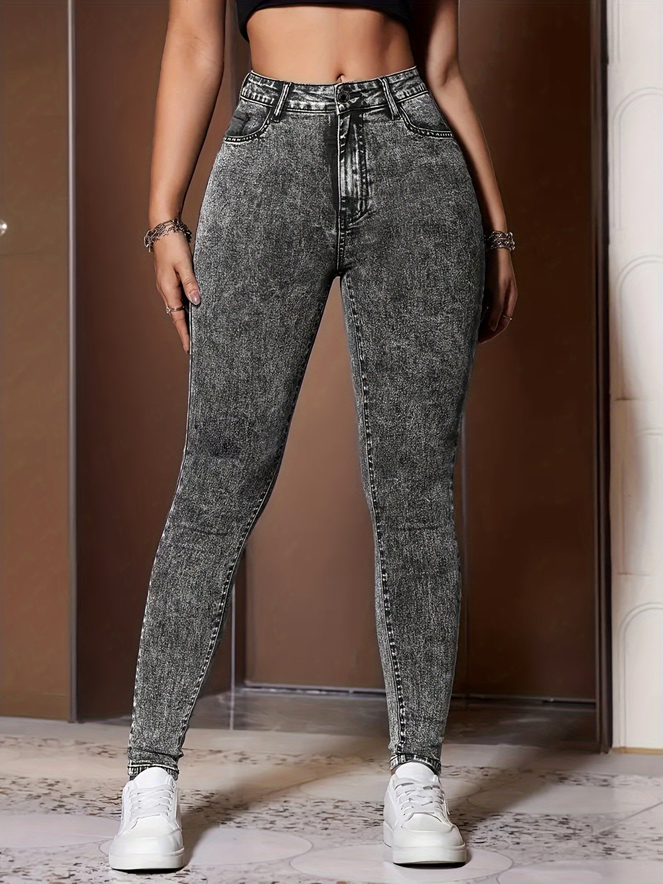 Jean stretch taille haute pour femme, mélange de polyester, coupe décontractée, taille élastiquée, braguette zippée, style printemps/été