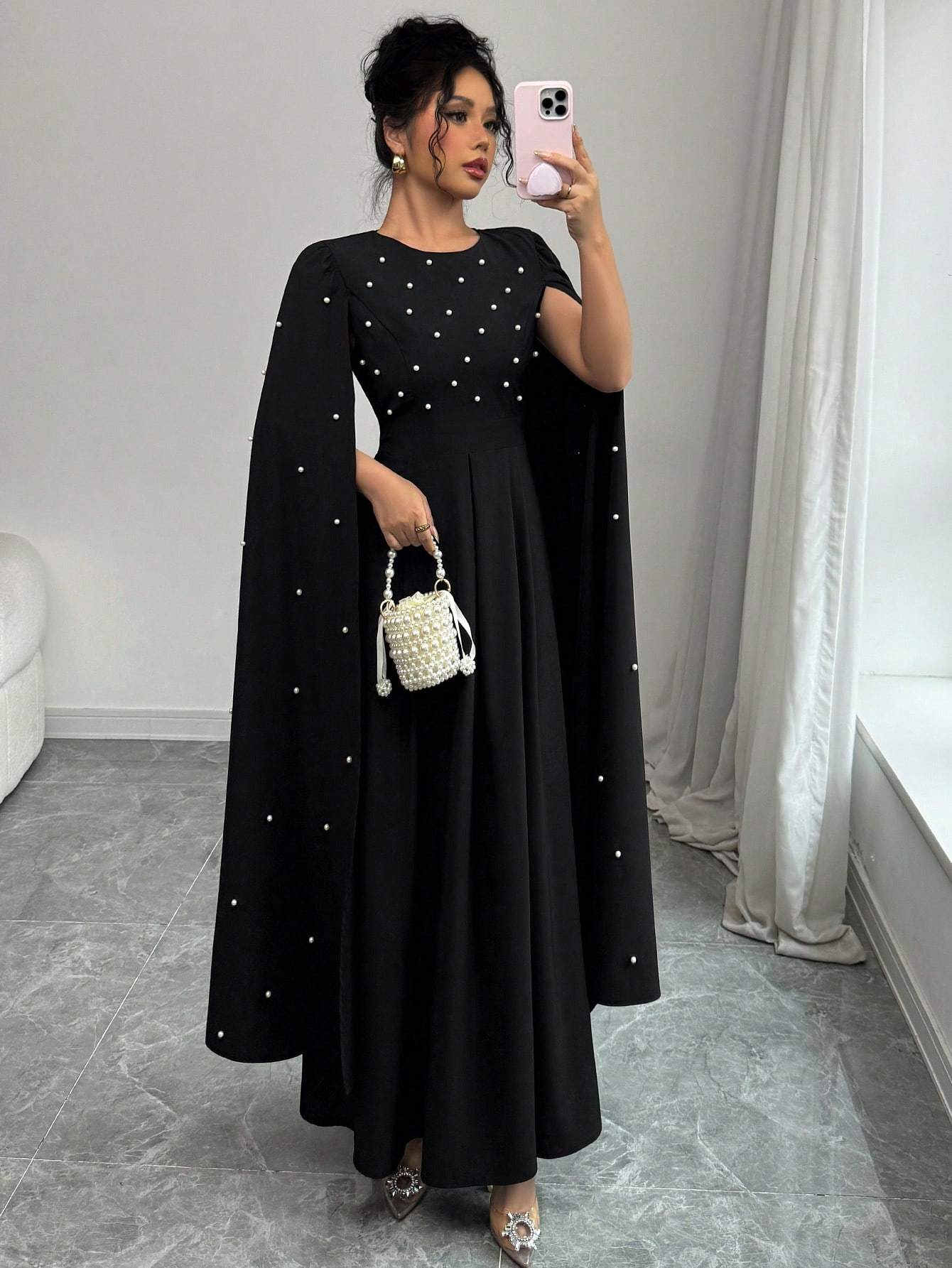 Cloak Sleeve Dress with Pearl Embellishments, Elegant And Fitted, Vintage Style, Evening Gown.