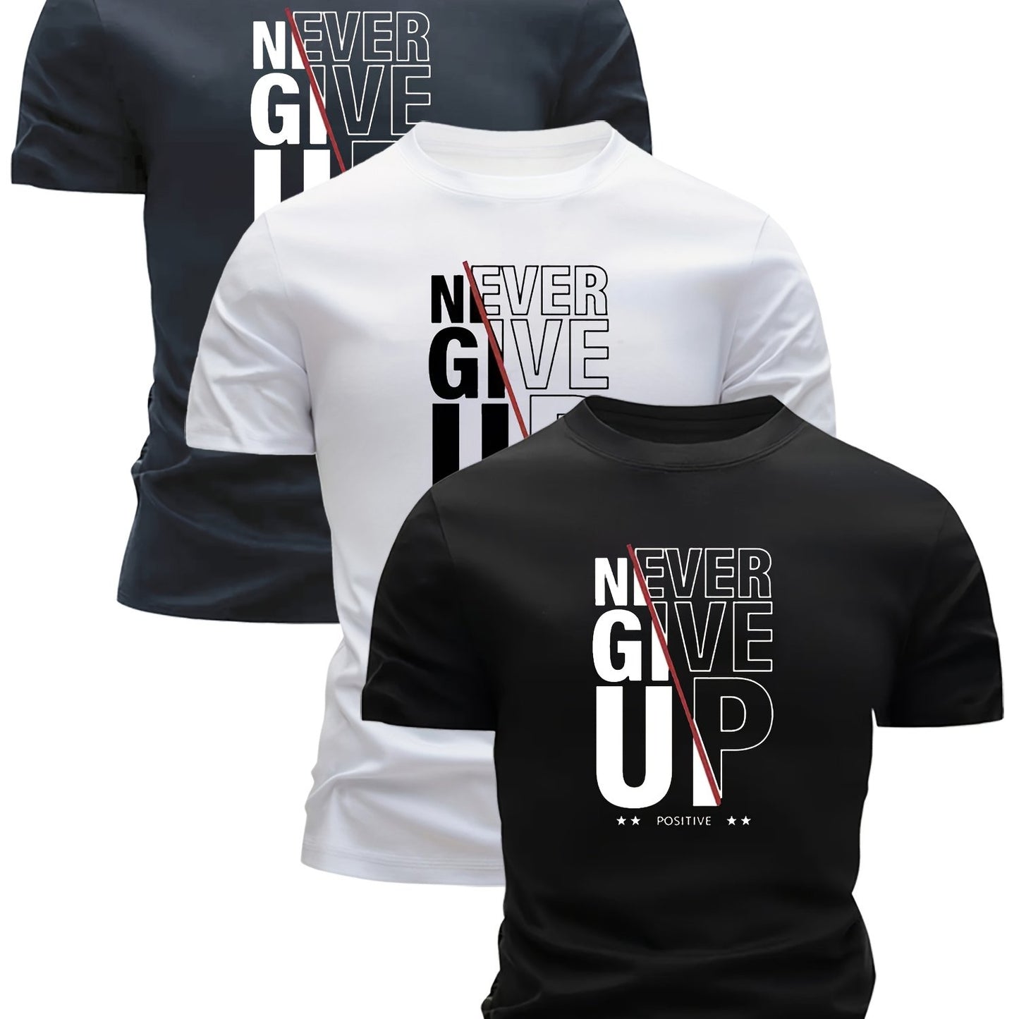 Set of 3 Mixed Print 'Never Give Up' Short-Sleeve Men'S Ultra-Light Round Neck T-Shirts - Quick-Drying, Breathable, Sweat-Absorbing Shirts, Perfect for Summer Casual Wear, a Great Gift for Men with a Round Neck Design, Sweat-