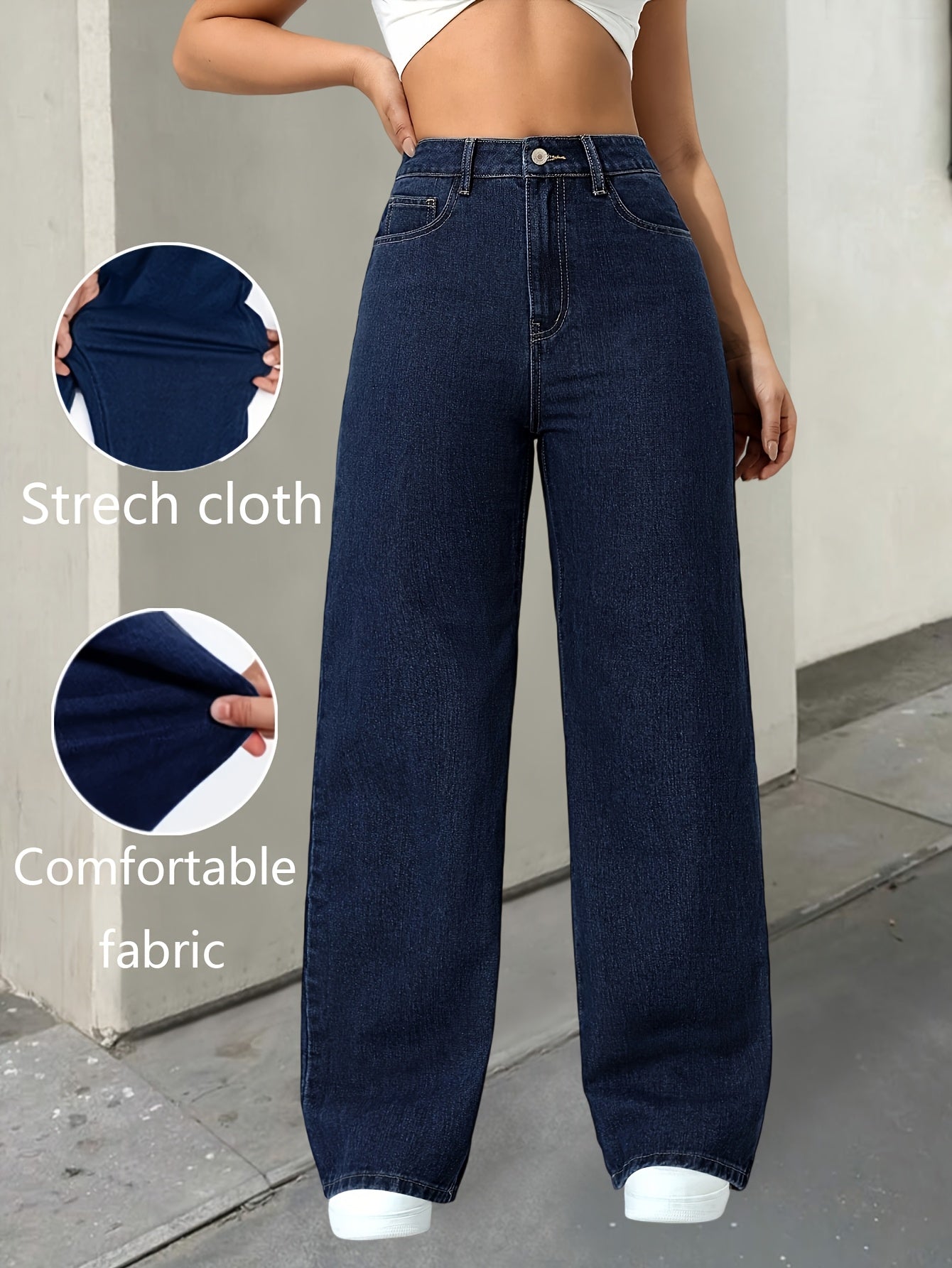 Pantalon Femme Taille Haute en Denim Extensible – Jambe Large, Tissu Confortable, Fermeture Boutons, Coupe Ample, Jeans Polyvalents Toutes Saisons, Idéal Tenue Décontractée, Taille Haute