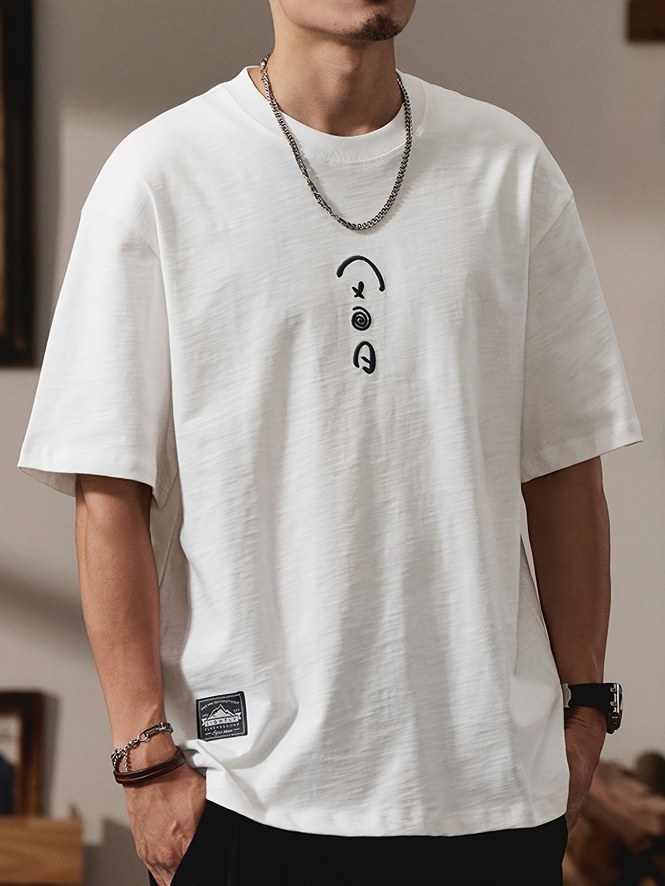 Men's Heavyweight 100% Cotton Oversized T-Shirt with Music Note & Headphone Graphic Chest Print - Breathable Summer Casual Round Neck Long Sleeve Loose Fit Tee for Casual Attire, Music Events & Lounge Outfits