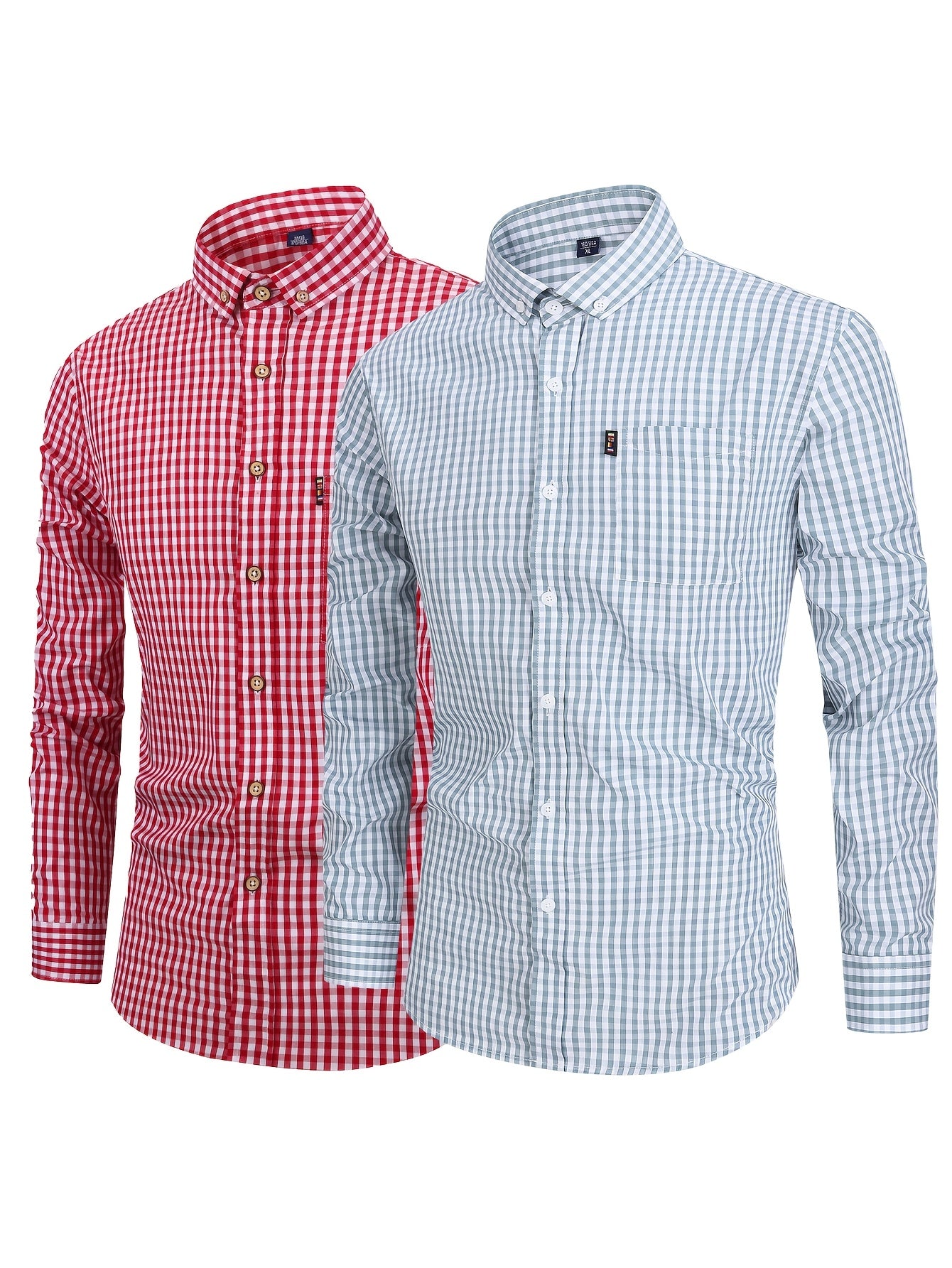 Men's cotton plaid casual long sleeve shirt; 2pcs