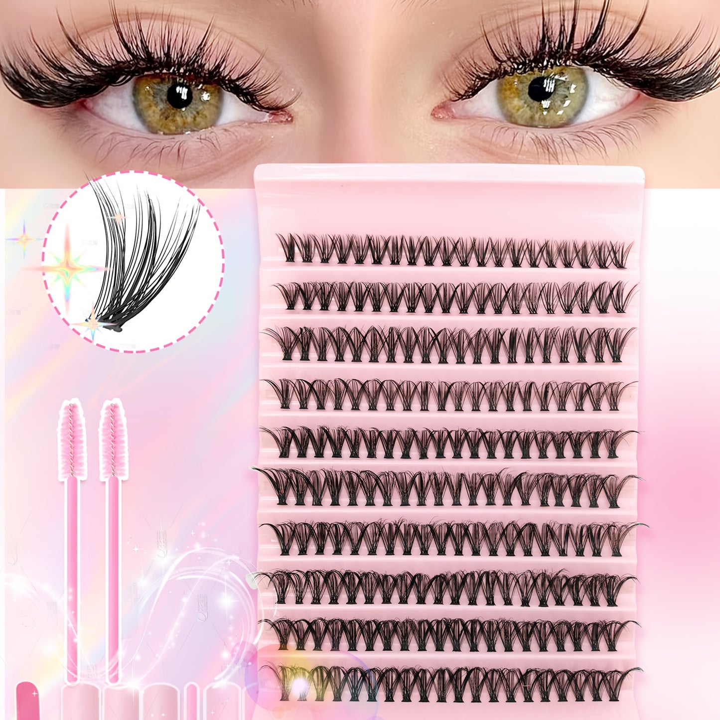 Set de Cils DIY pour Femme – 37 Rangées (740 pcs) / 14 Rangées (280 pcs) / 10 Rangées (200 pcs), Cils Individuels 8-16 mm, Inclus Brosse à Cils, Style Hybride, Parfait pour DIY Débutants à la Maison, Réutilisable